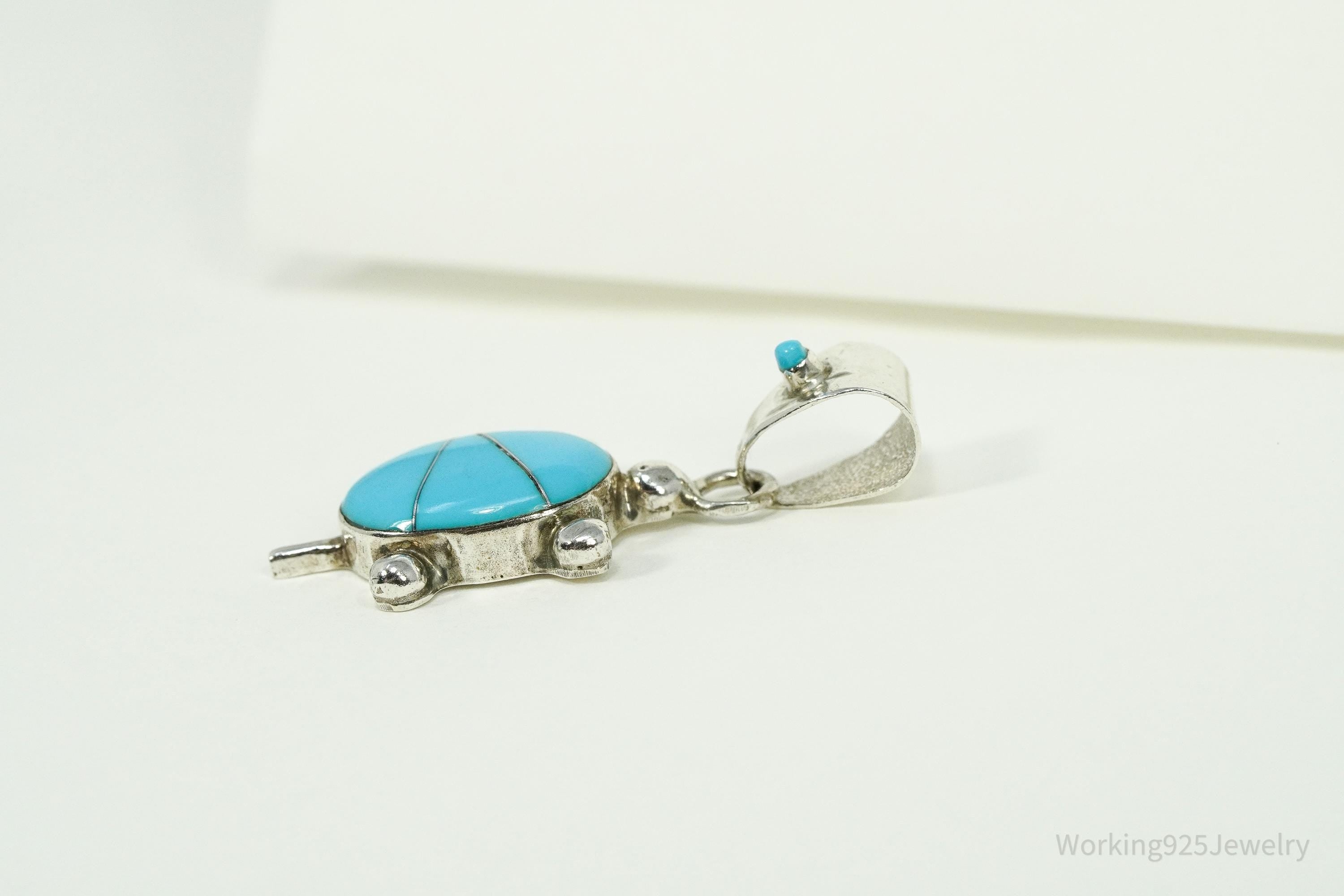 Vintage Native American Turquoise Inlay Turtle Sterling Silver Pendant 1.5"