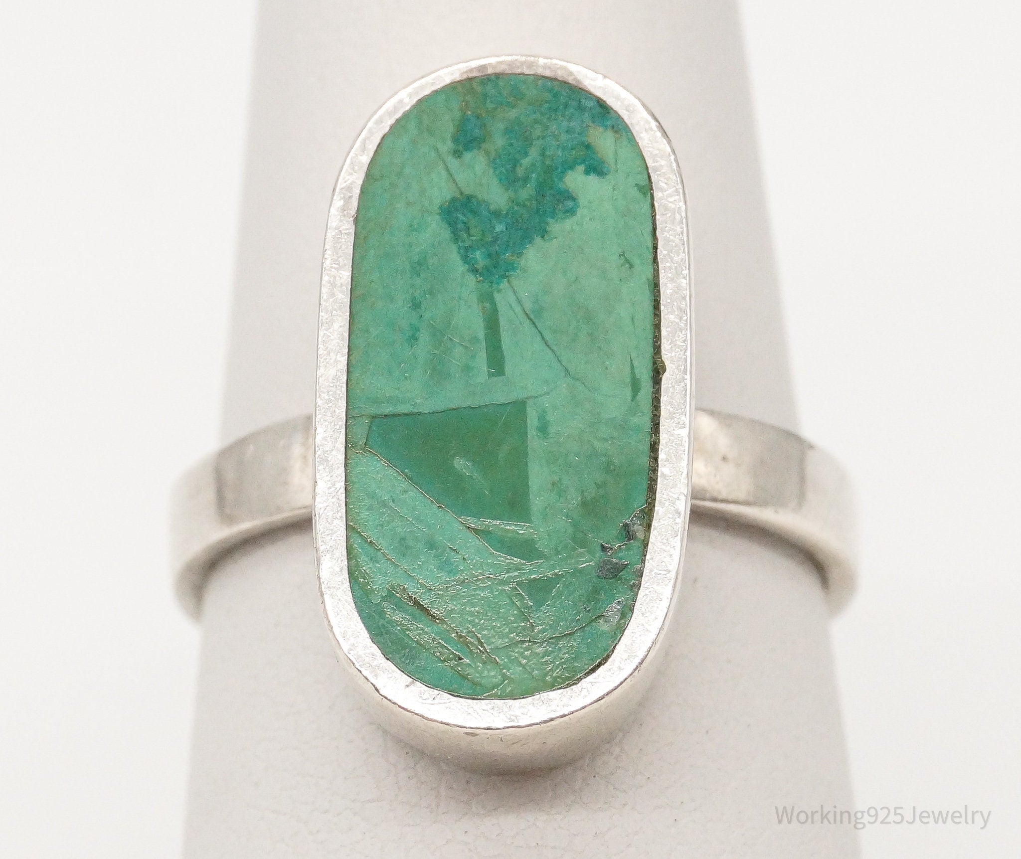 Vintage Modernist Malachite Sterling Silver Ring - Size 7 Adjustable