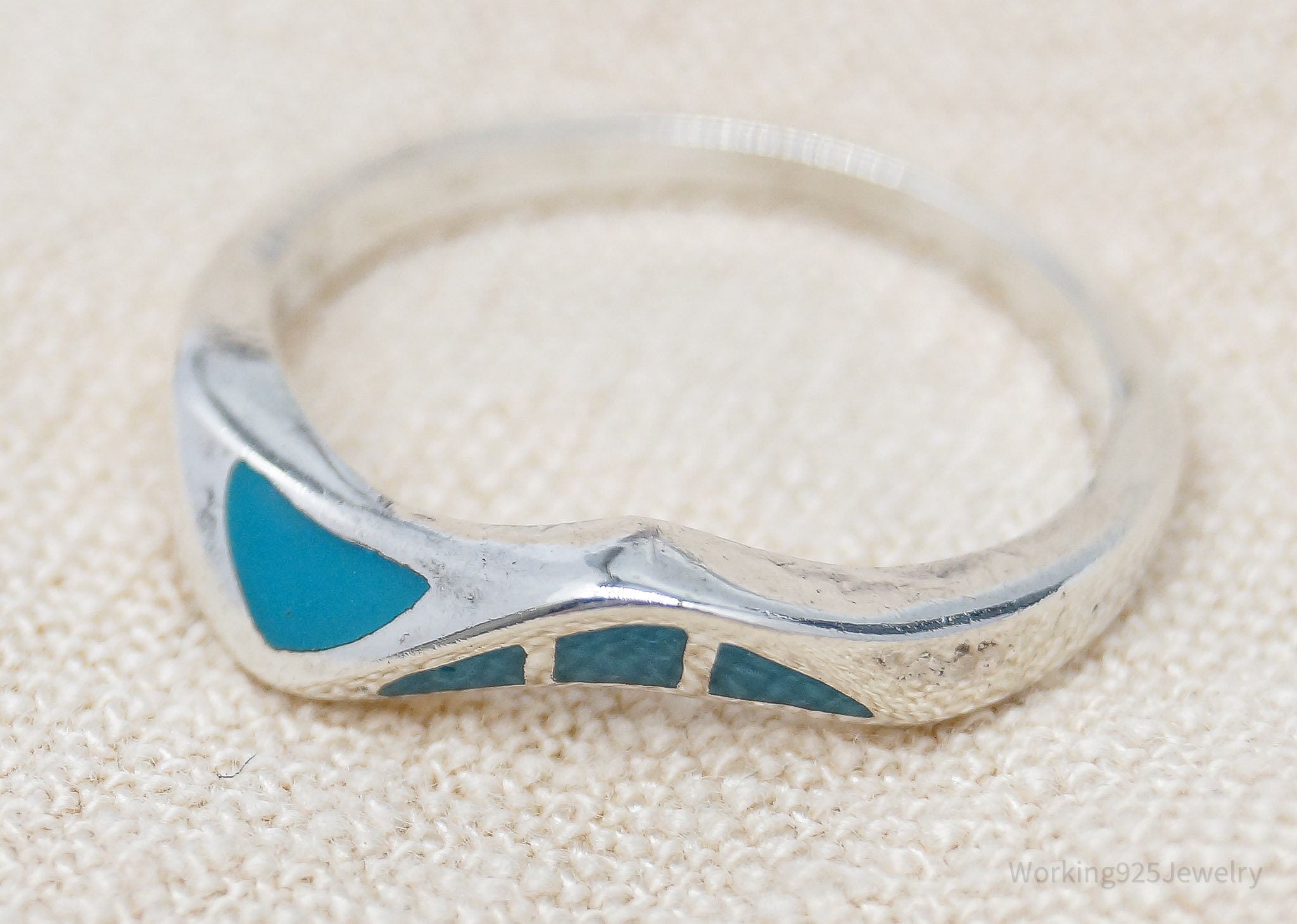 Vintage Modernist Style Blue Enamel Inlay Sterling Silver Ring - Size 5.75