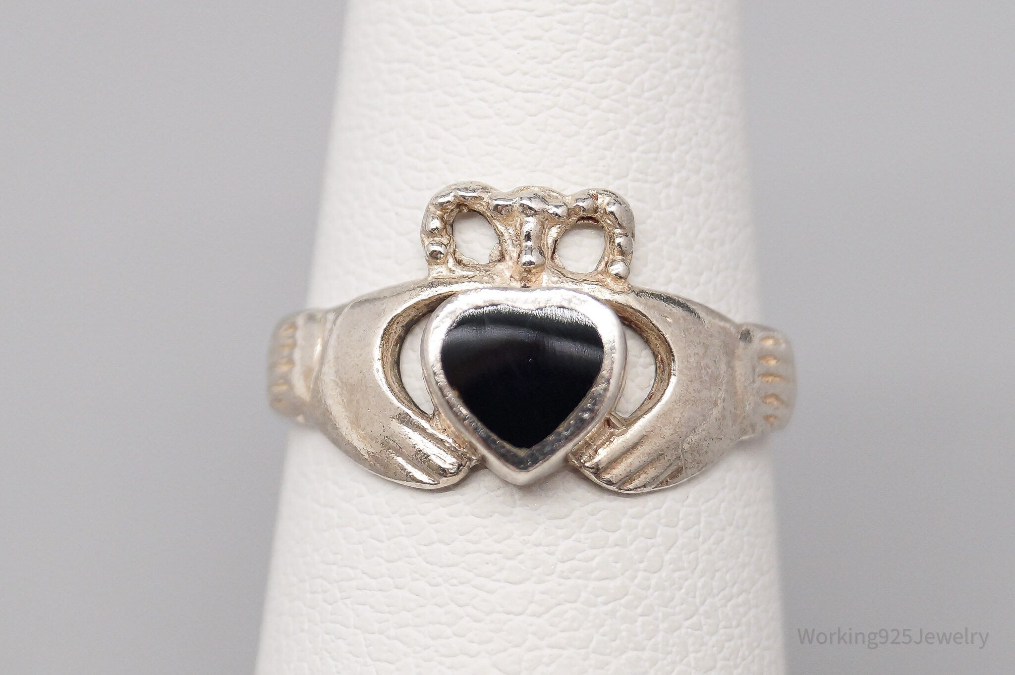 Vintage Black Onyx Inlay Claddagh Sterling Silver Ring Size 5.5