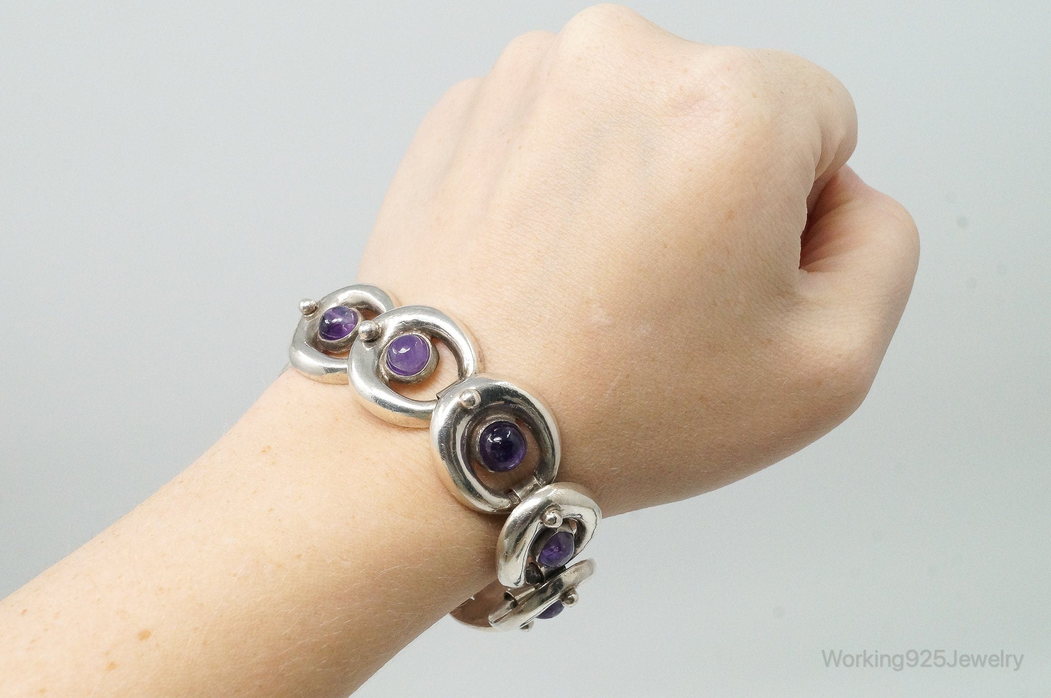 Vintage Mexico Amethyst Modernist Sterling Silver Bracelet