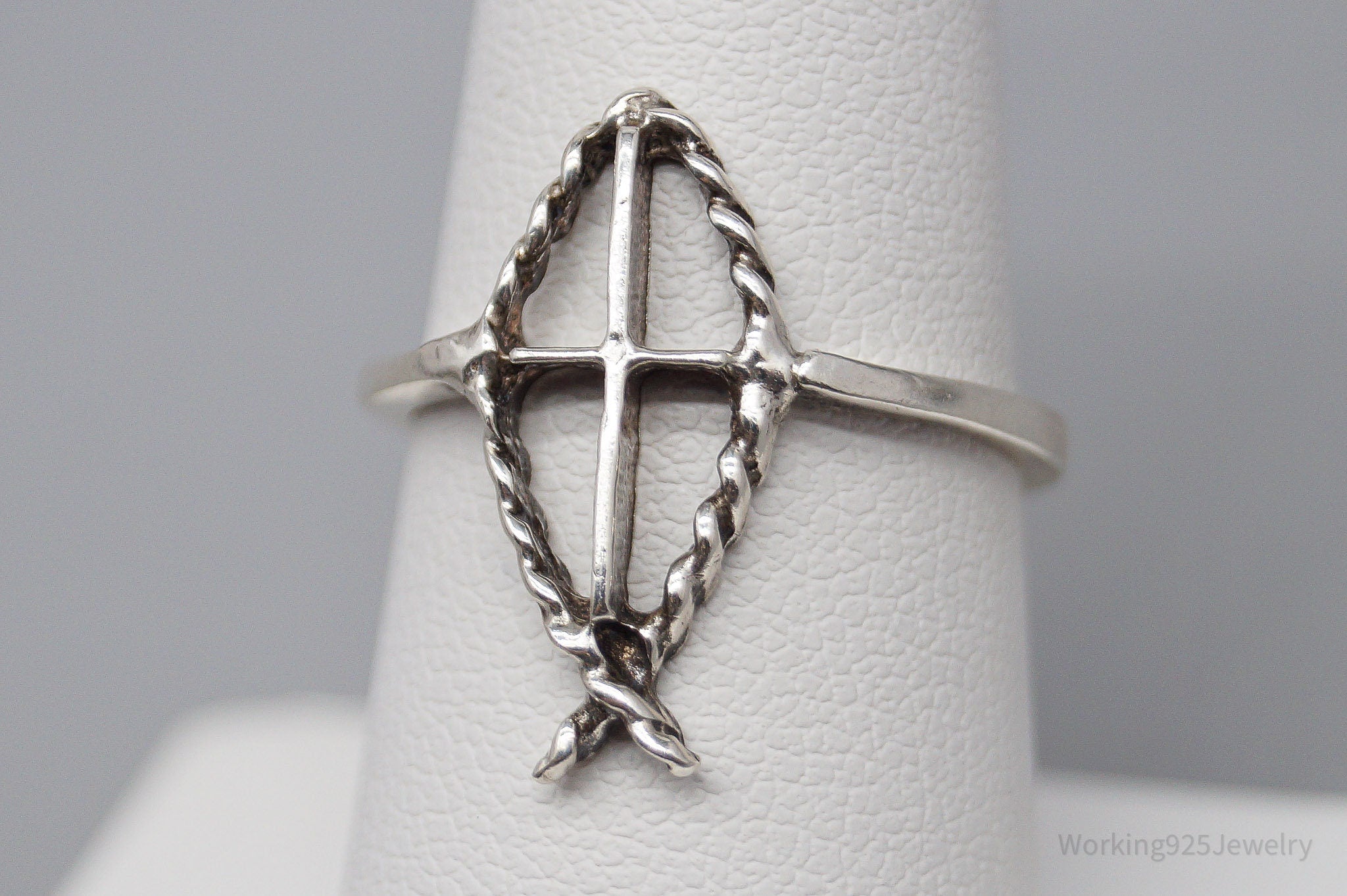 Vintage Ichthus Fish Cross Sterling Silver Ring - Size 7.25