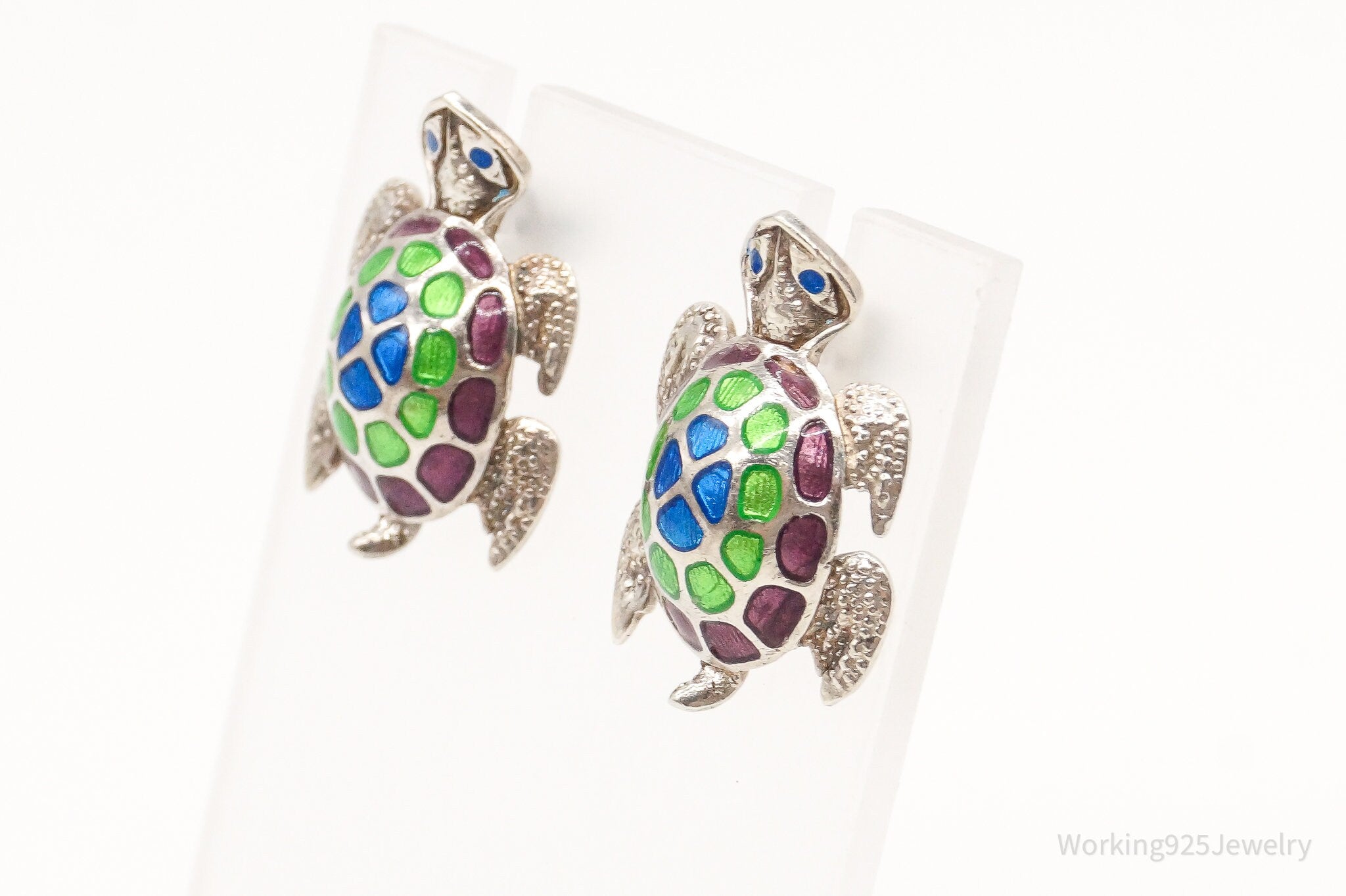 Vintage Enamel Sea Turtles 980 Silver Earrings