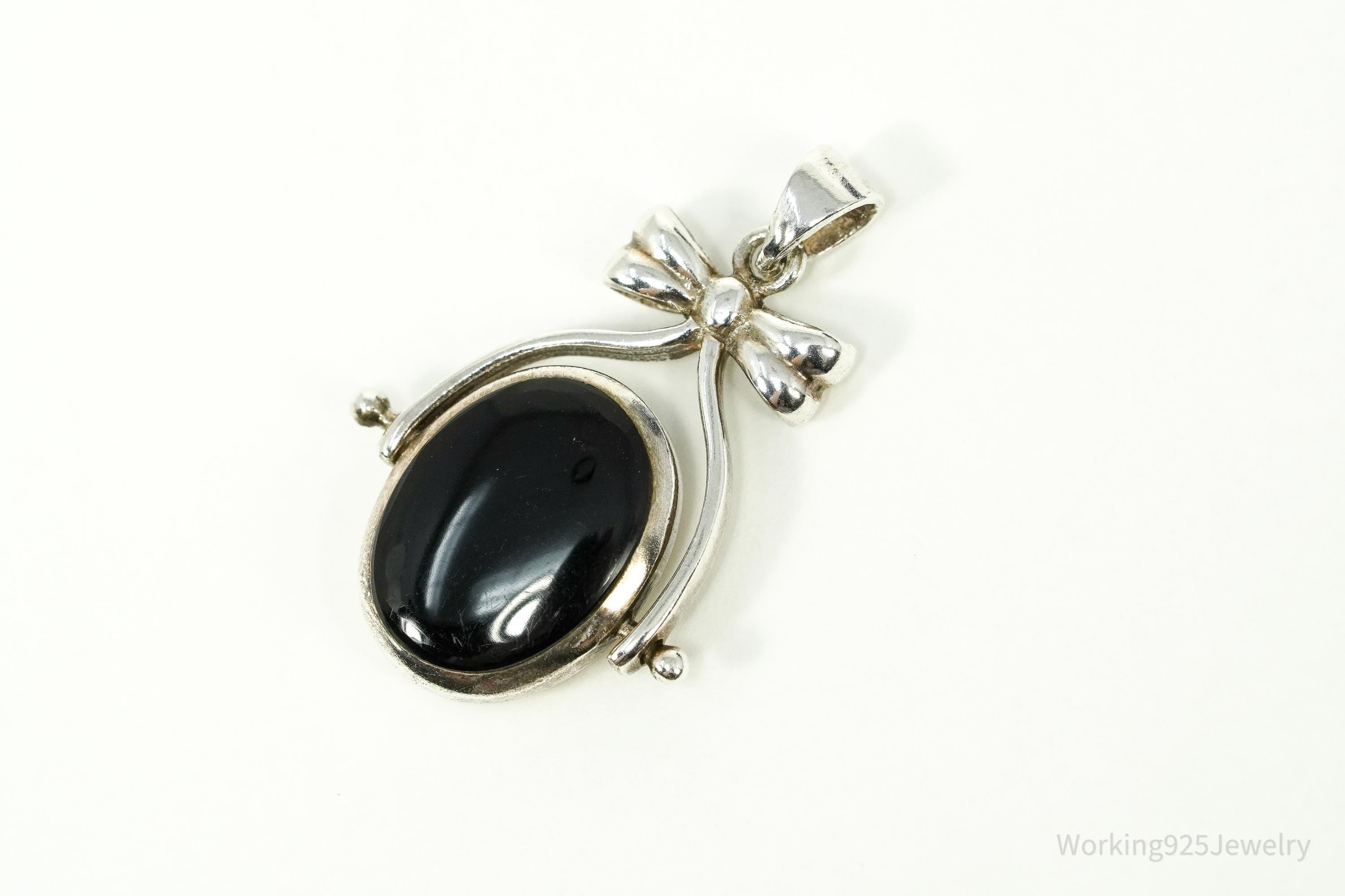 Vintage Black Onyx & Mother Of Pearl Spinning Fob Sterling Silver Pendant