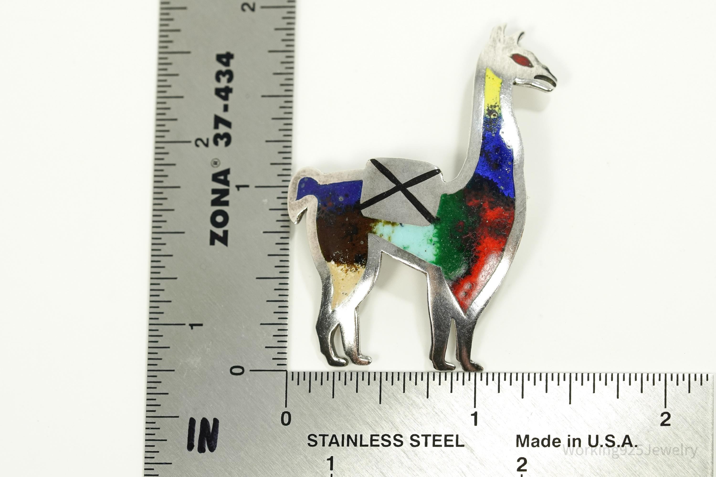Vintage Peruvian Rainbow Enamel Llama Sterling Silver Brooch Pin