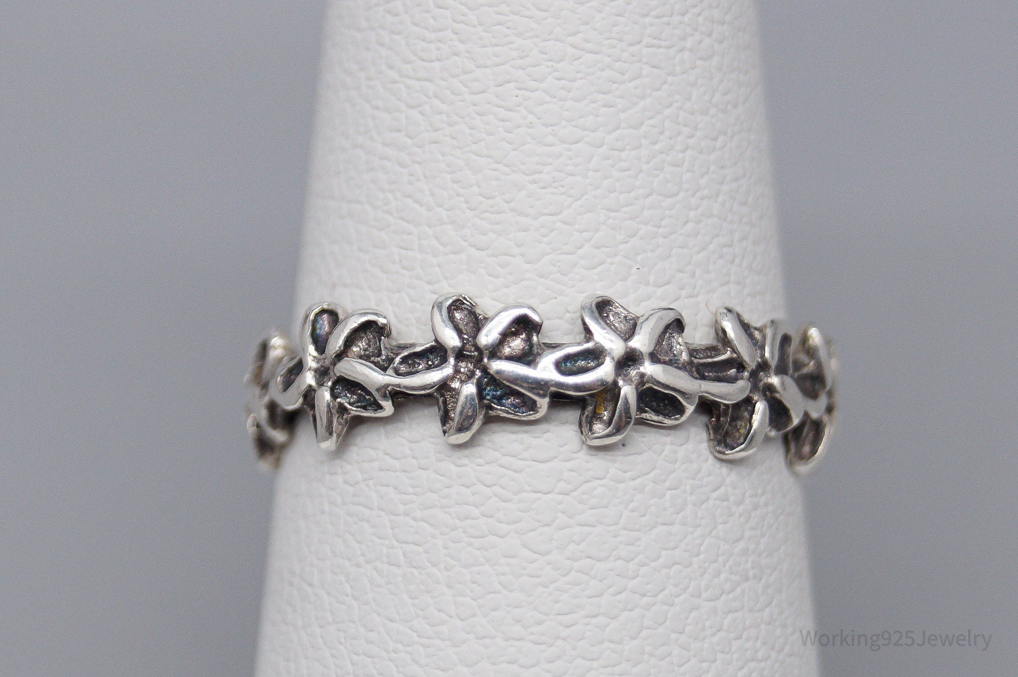 Vintage Flowers Pattern Sterling Silver Band Ring Size 6.75