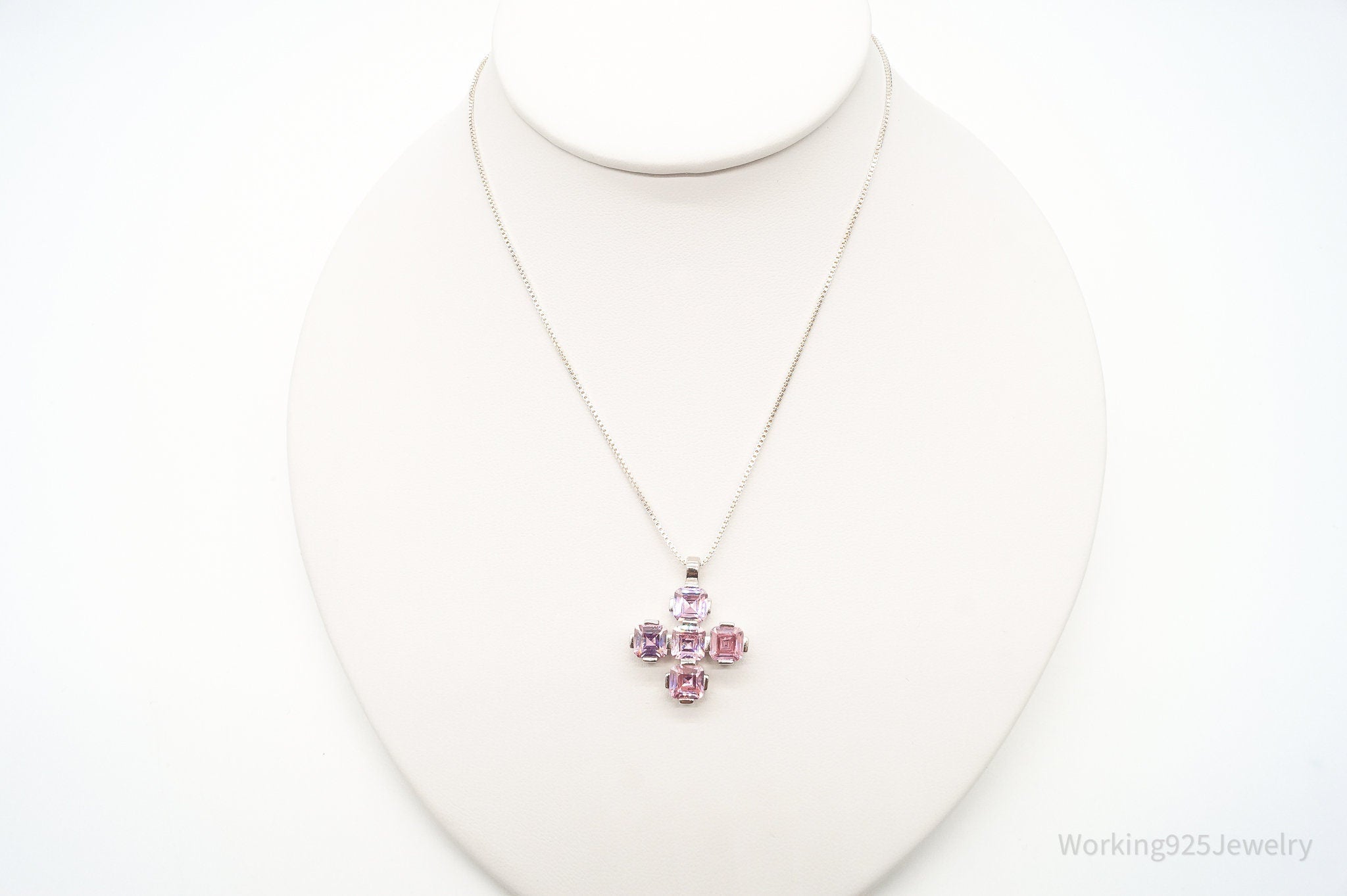 Vintage Pink Cubic Zirconia Cross Sterling Silver Adjustable Chain Necklace