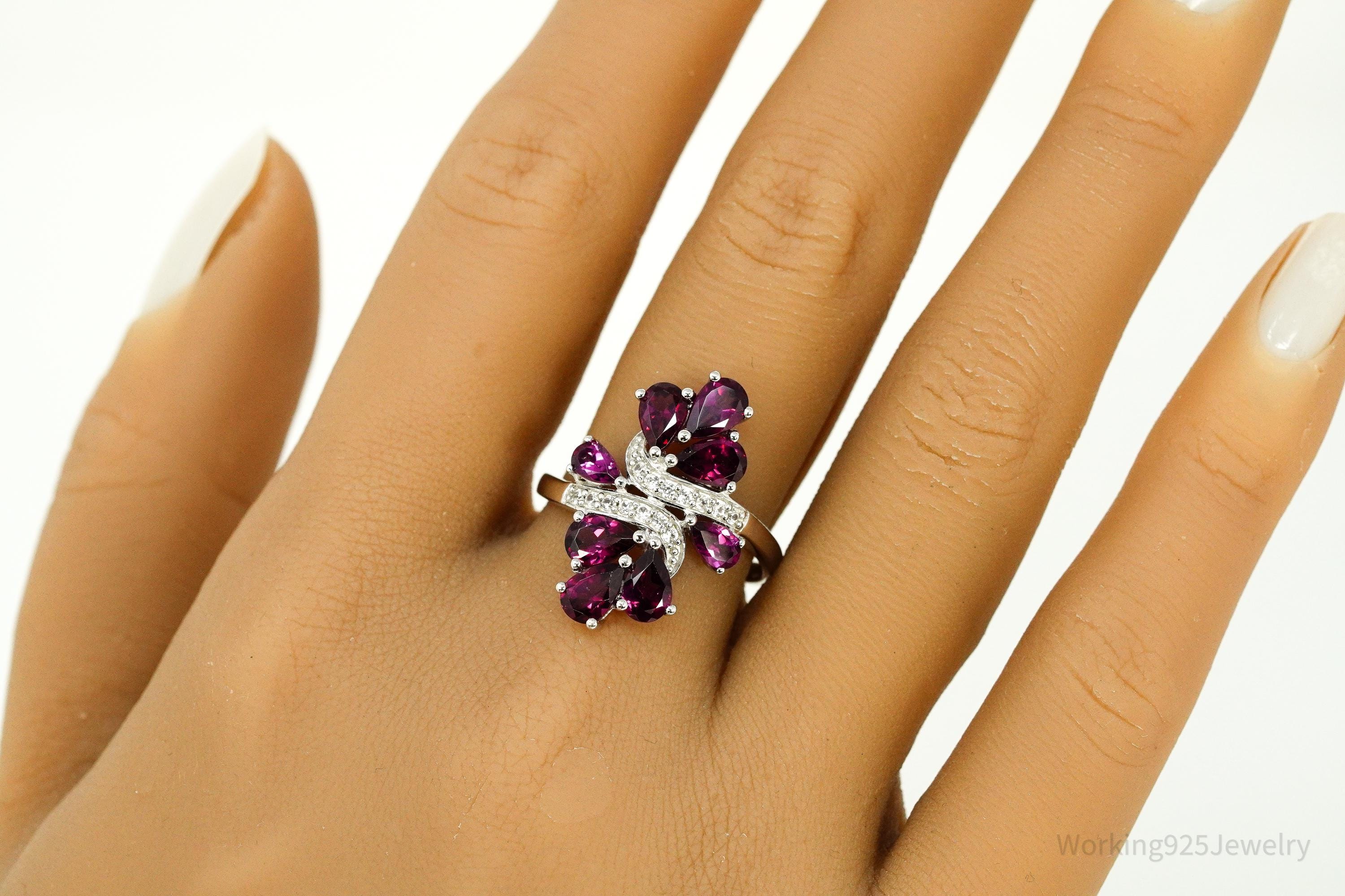 Rhodolite Garnet & White Zircon Sterling Silver Ring - Size 8.25
