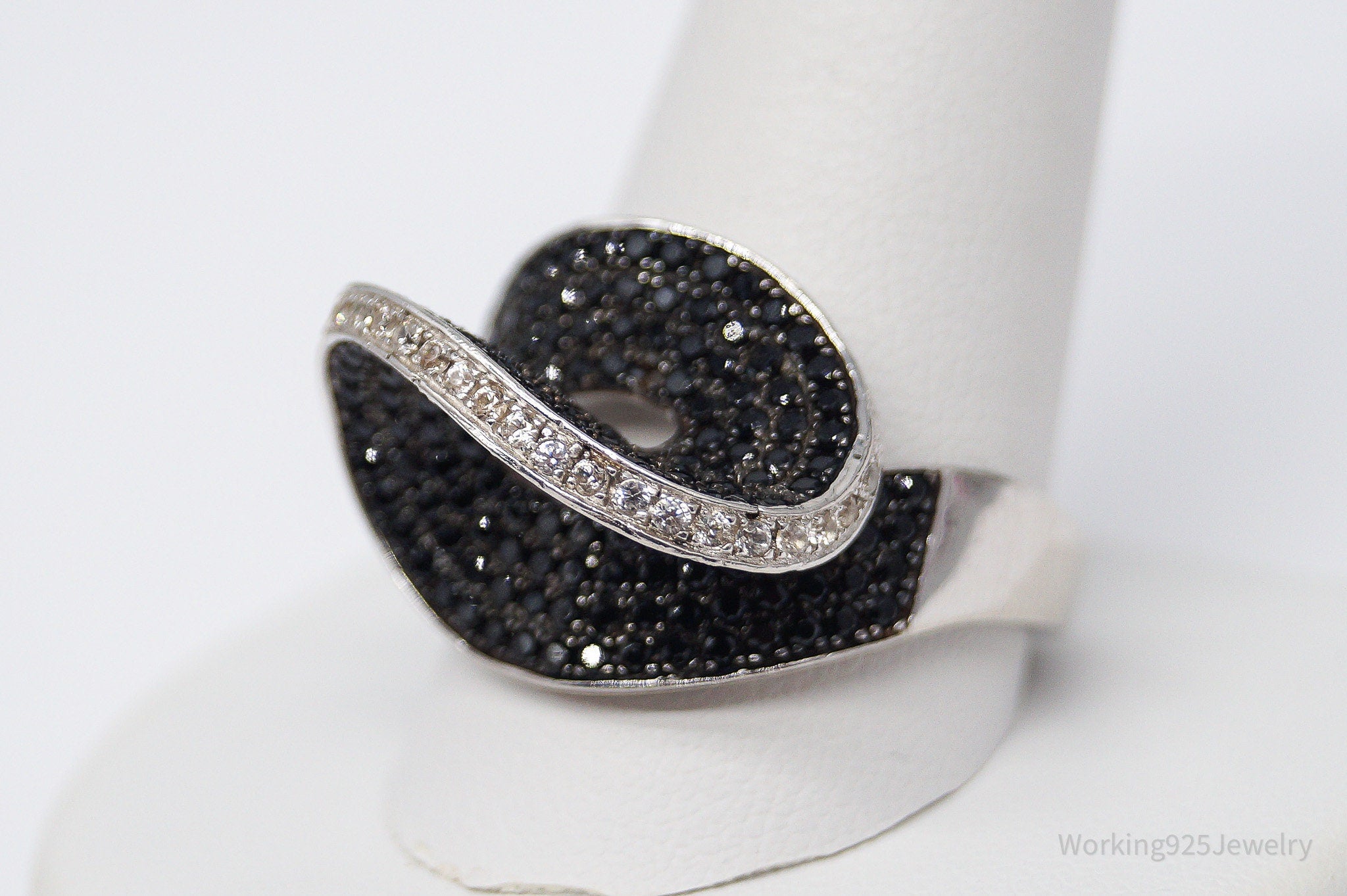 Vintage Black Tourmaline & White Topaz Sterling Silver Ring - Size 12