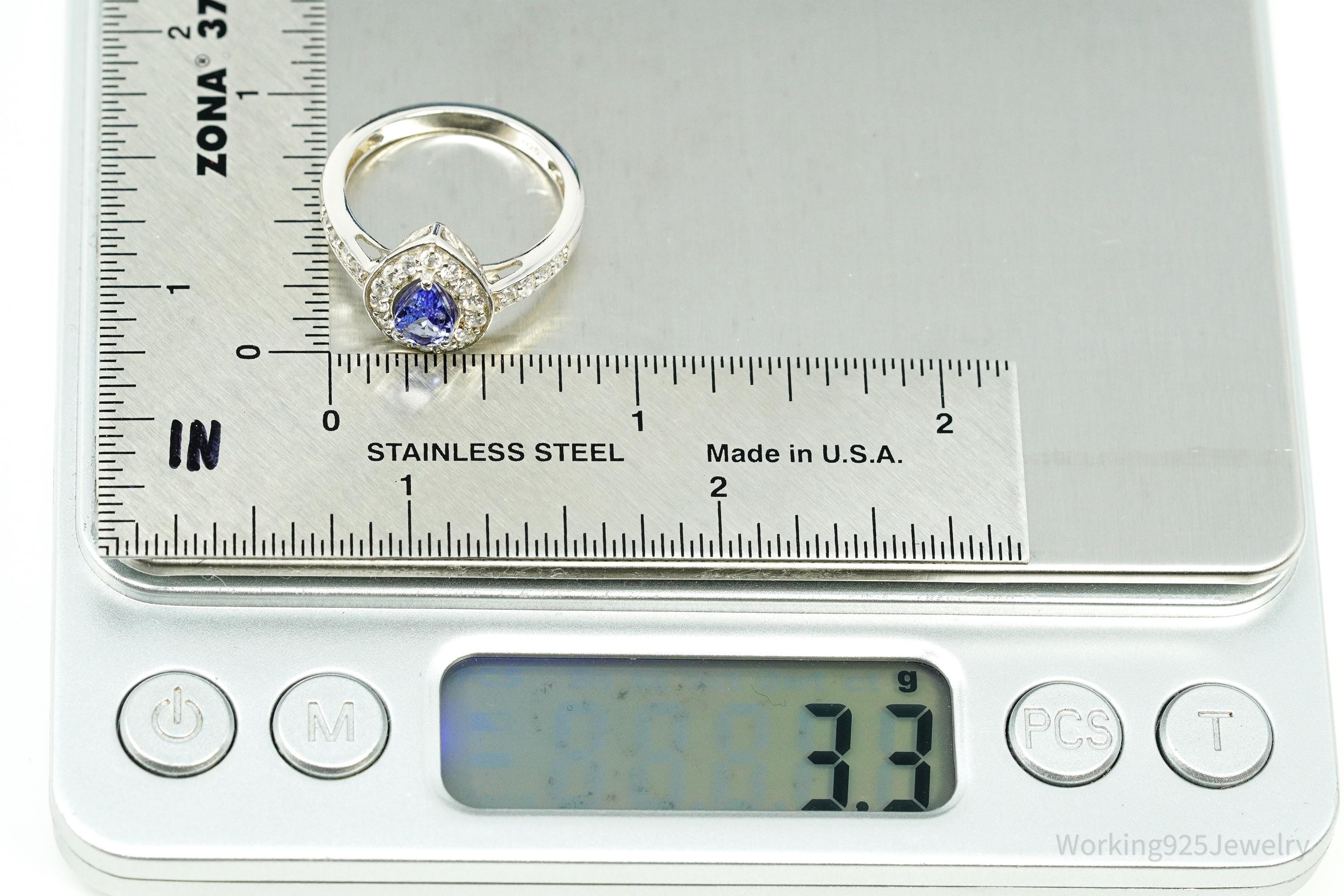 Tanzanite & White Zircon Rhodium Over Sterling Silver Ring - Size 8
