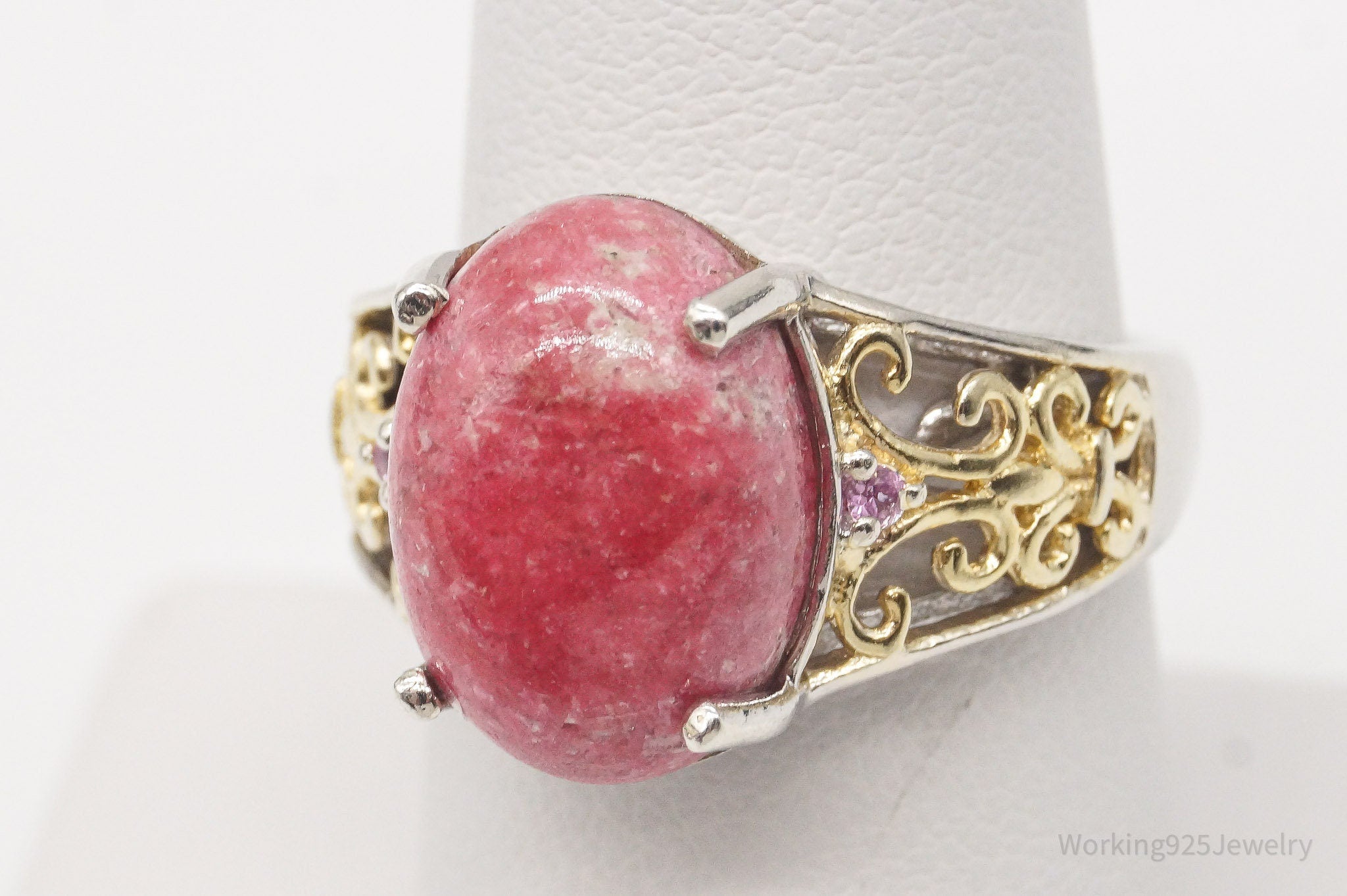 Vintage Thulite Pink Topaz Gold Vermeil Sterling Silver Ring - Size 7