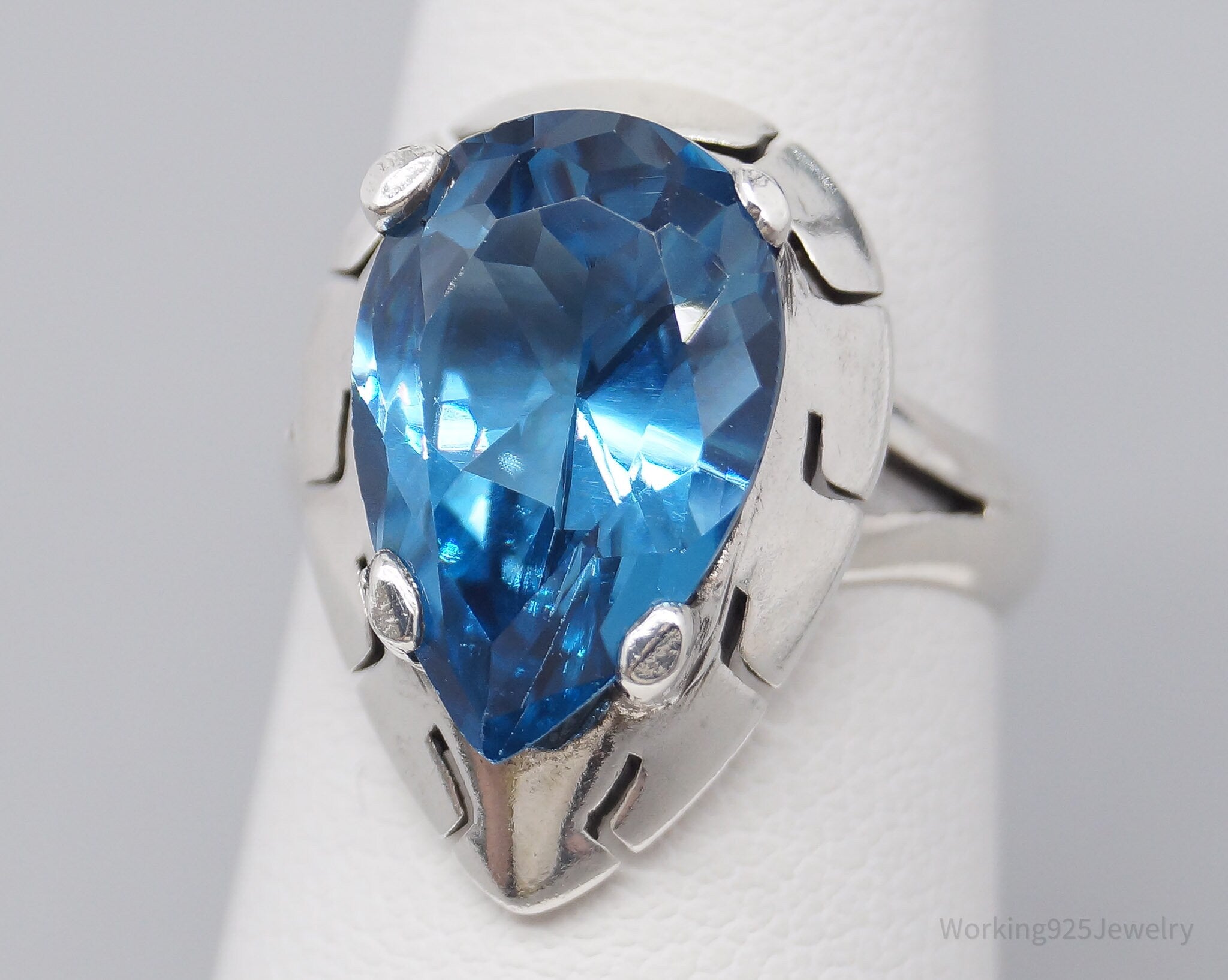 Vintage Large London Blue Topaz Sterling Silver Ring - Size 5.75