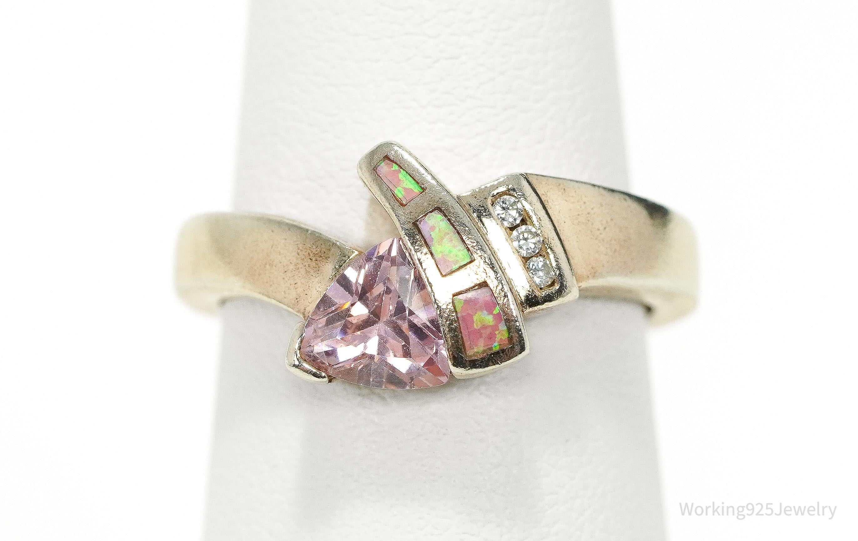 Vintage Pink & White Cubic Zirconia Opal Inlay Rose Gold Vermeil Sterling Silver Ring - Size 7.5