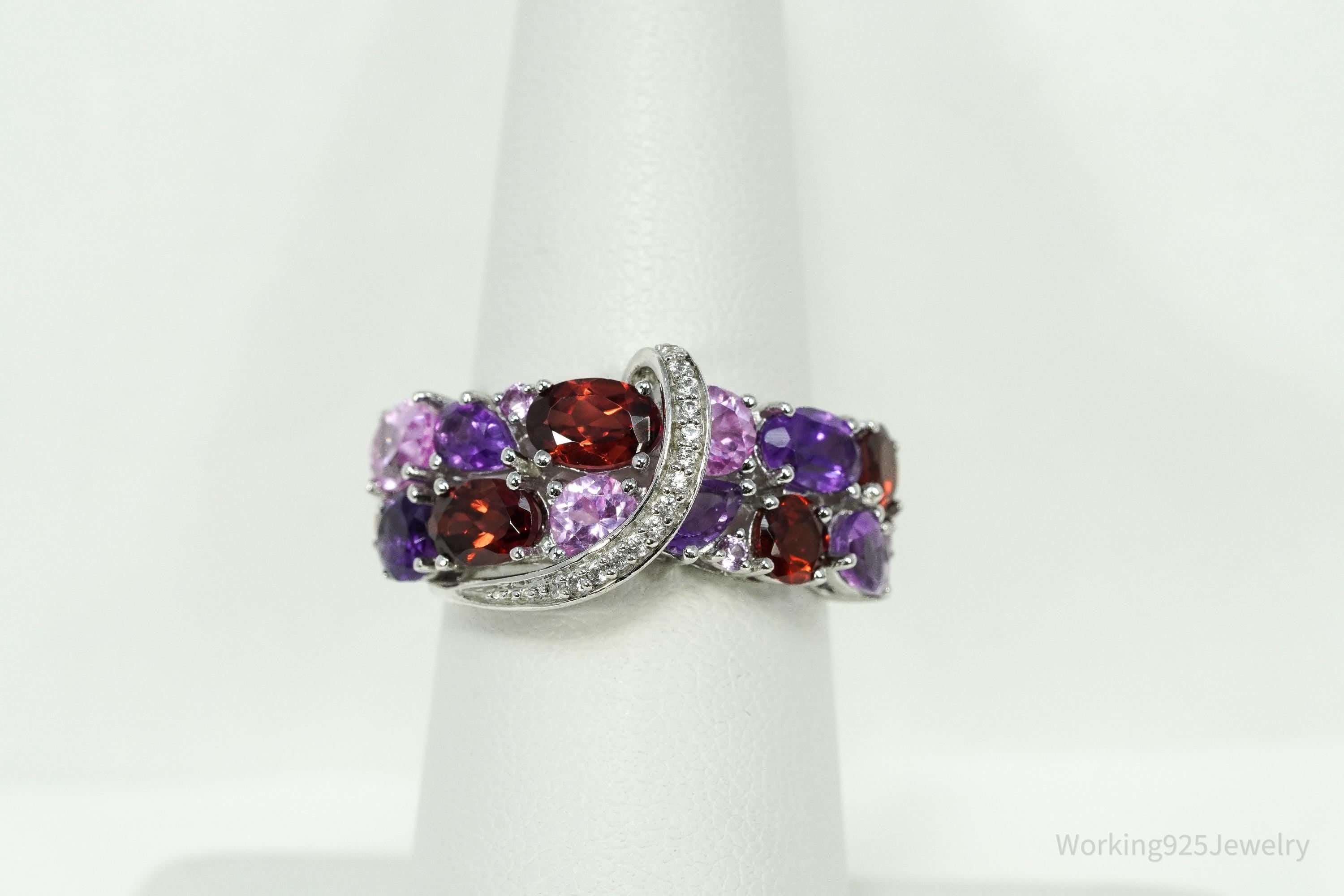 Multi-Shape Garnet, Amethyst, Pink & White Sapphire Sterling Silver Ring Size 7