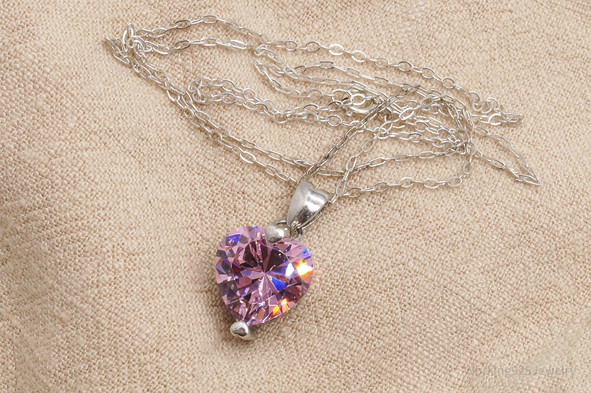 Vintage Pink Cubic Zirconia Heart Sterling Silver Necklace 20"