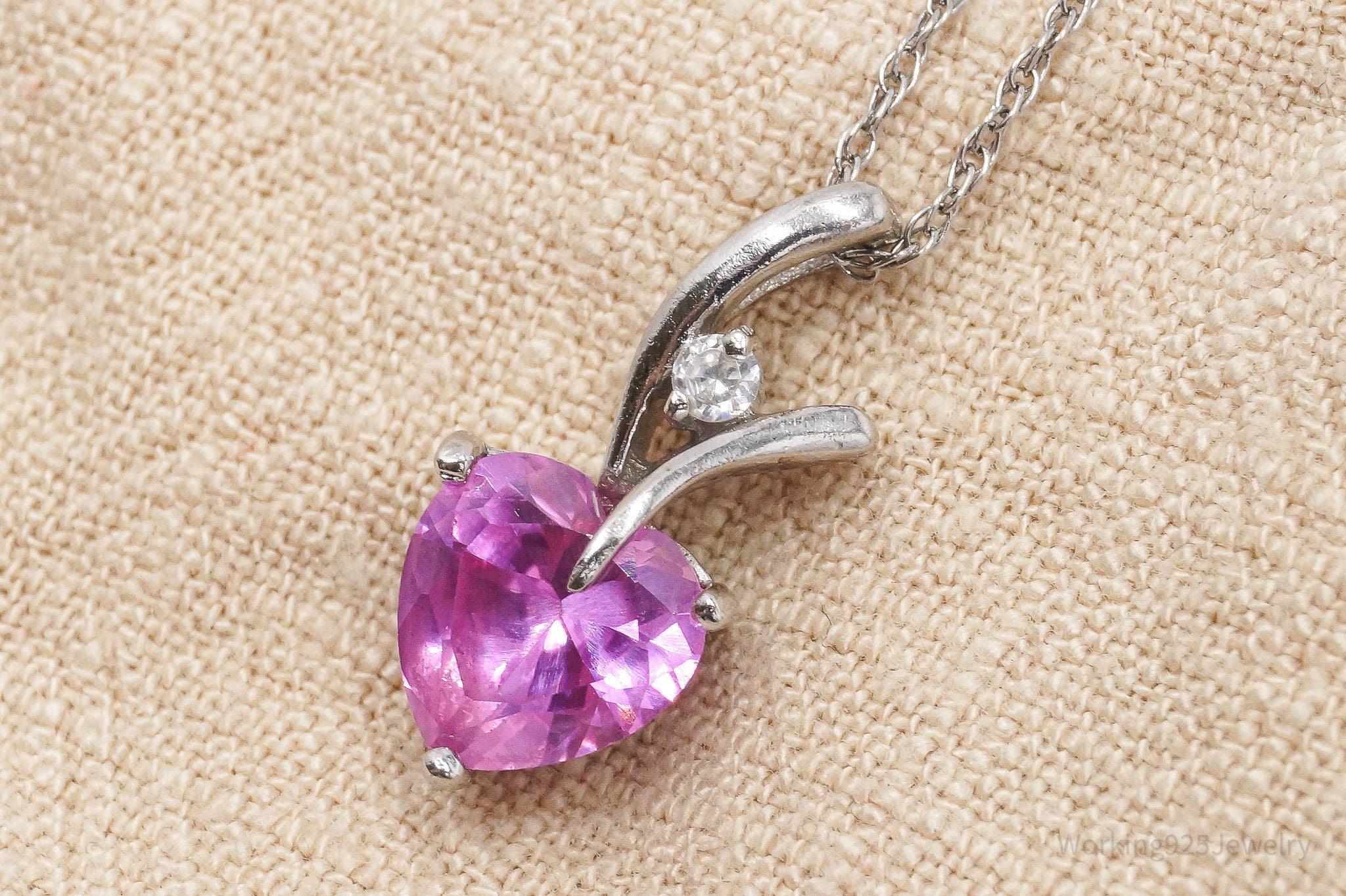 Vintage Pink Sapphire Heart & Cubic Zirconia Sterling Silver Necklace 18"