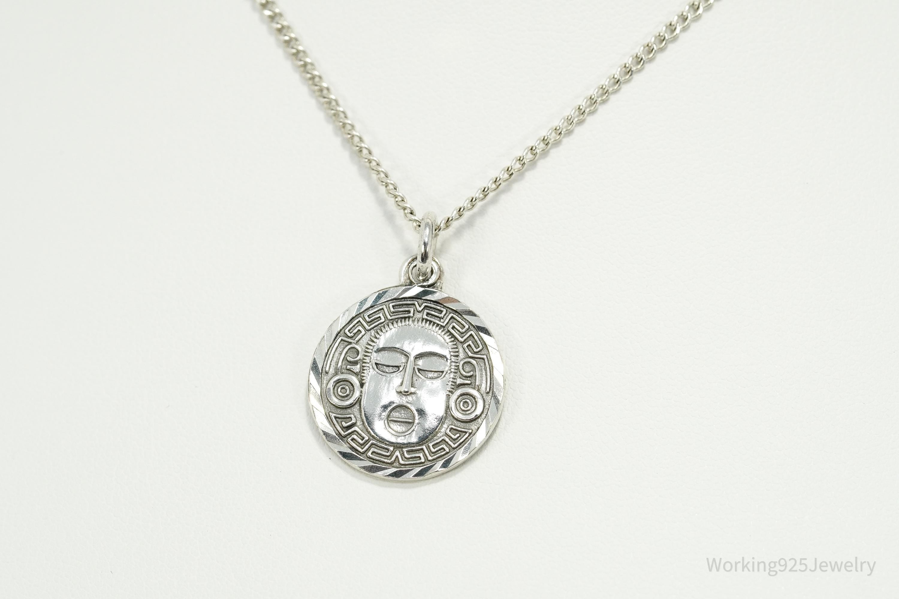 Vintage Mexico Mayan Medallion God 950 Silver Necklace 18"