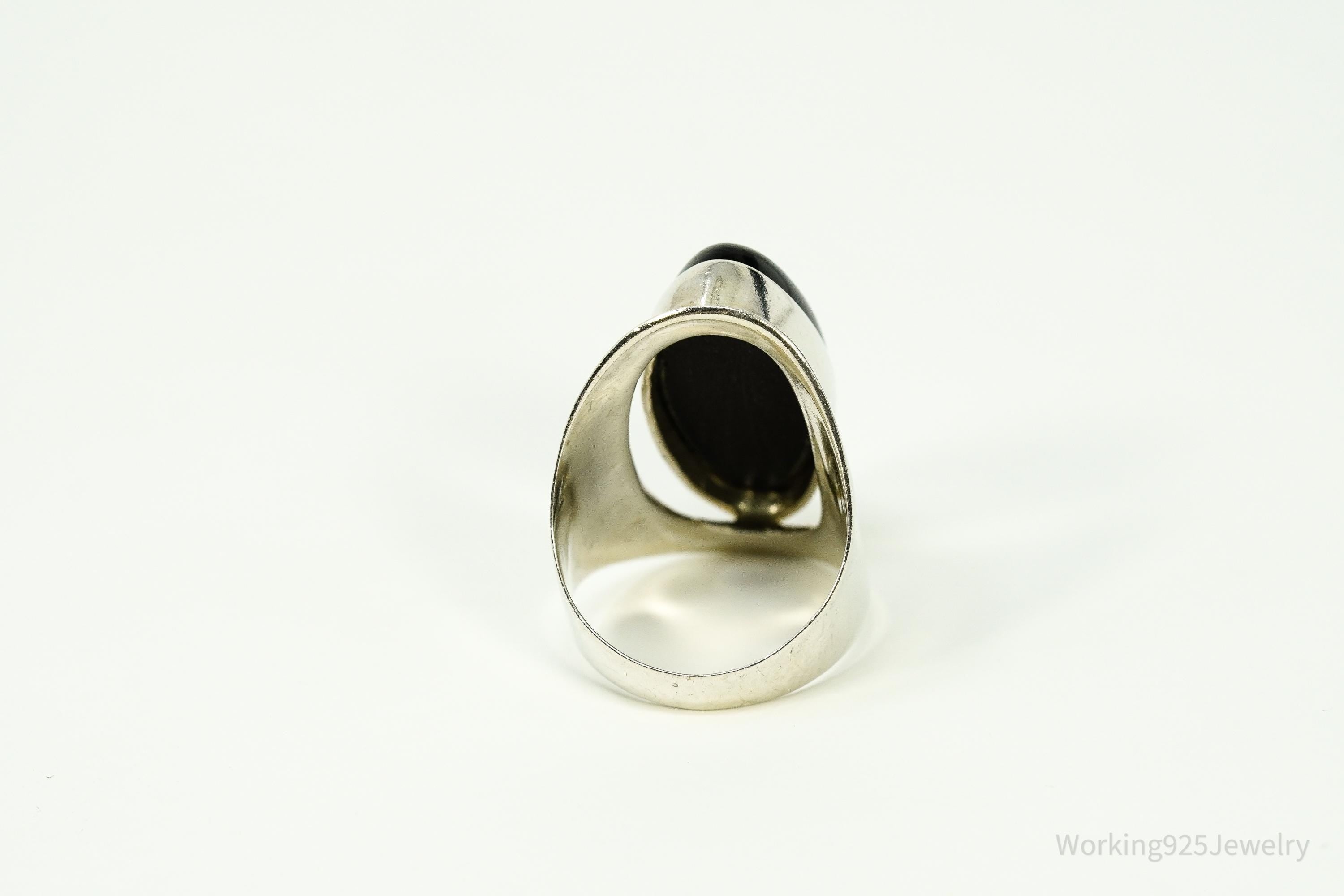 Vintage Black Onyx Modernist Style Sterling Silver Ring - Size 9.25