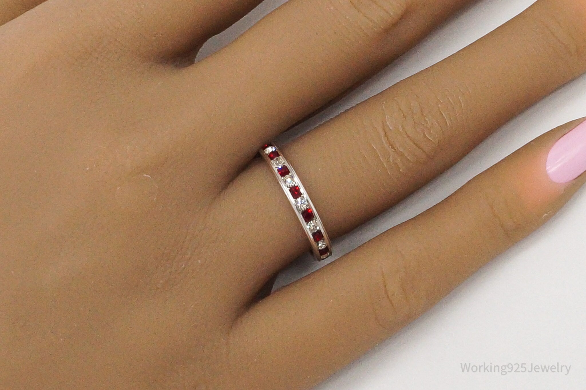 Vintage Red & White Crystal Sterling Silver Ring - Size 6.75