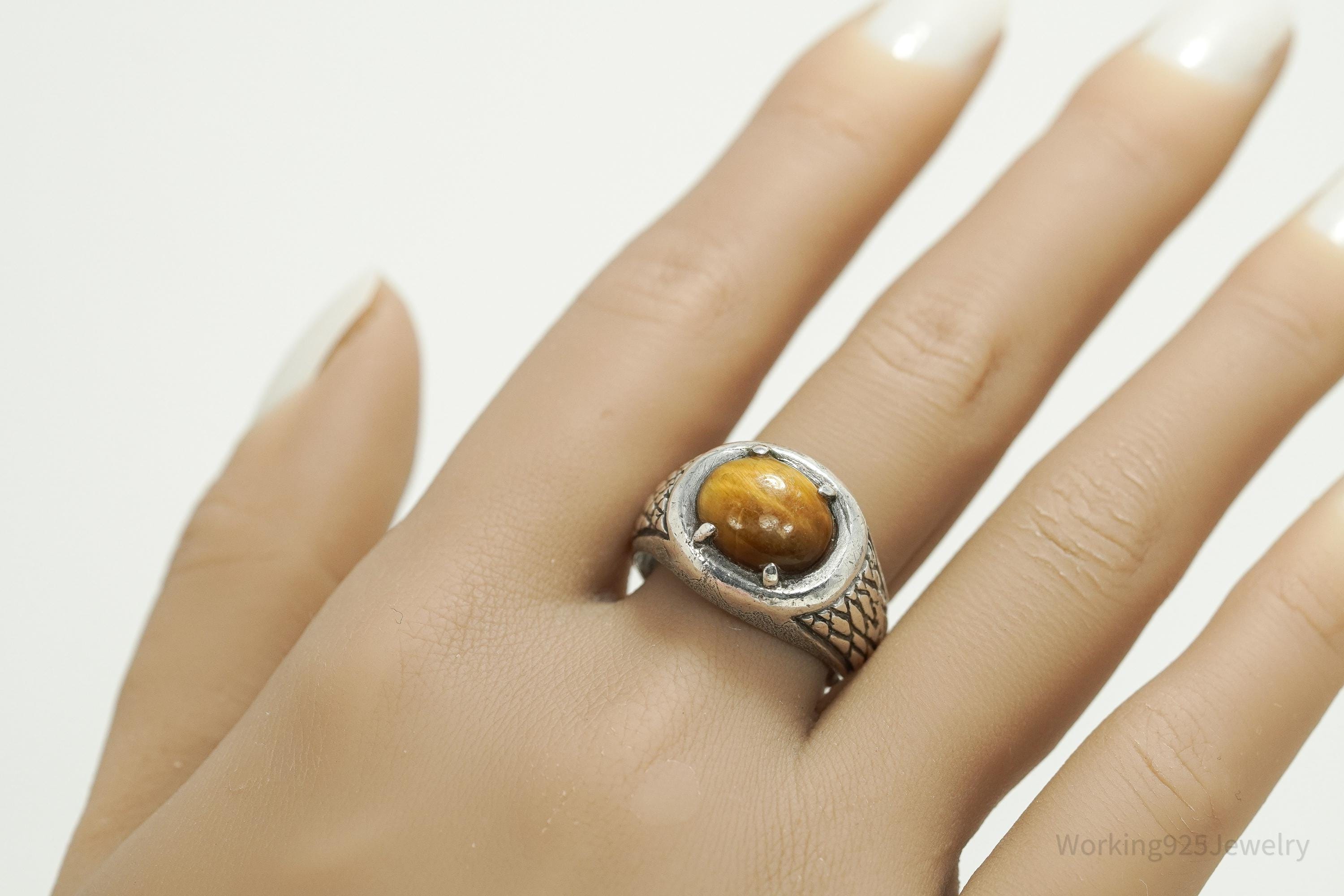 Vintage Native American Tigers Eye Unsigned Silver Ring - Size 10.5