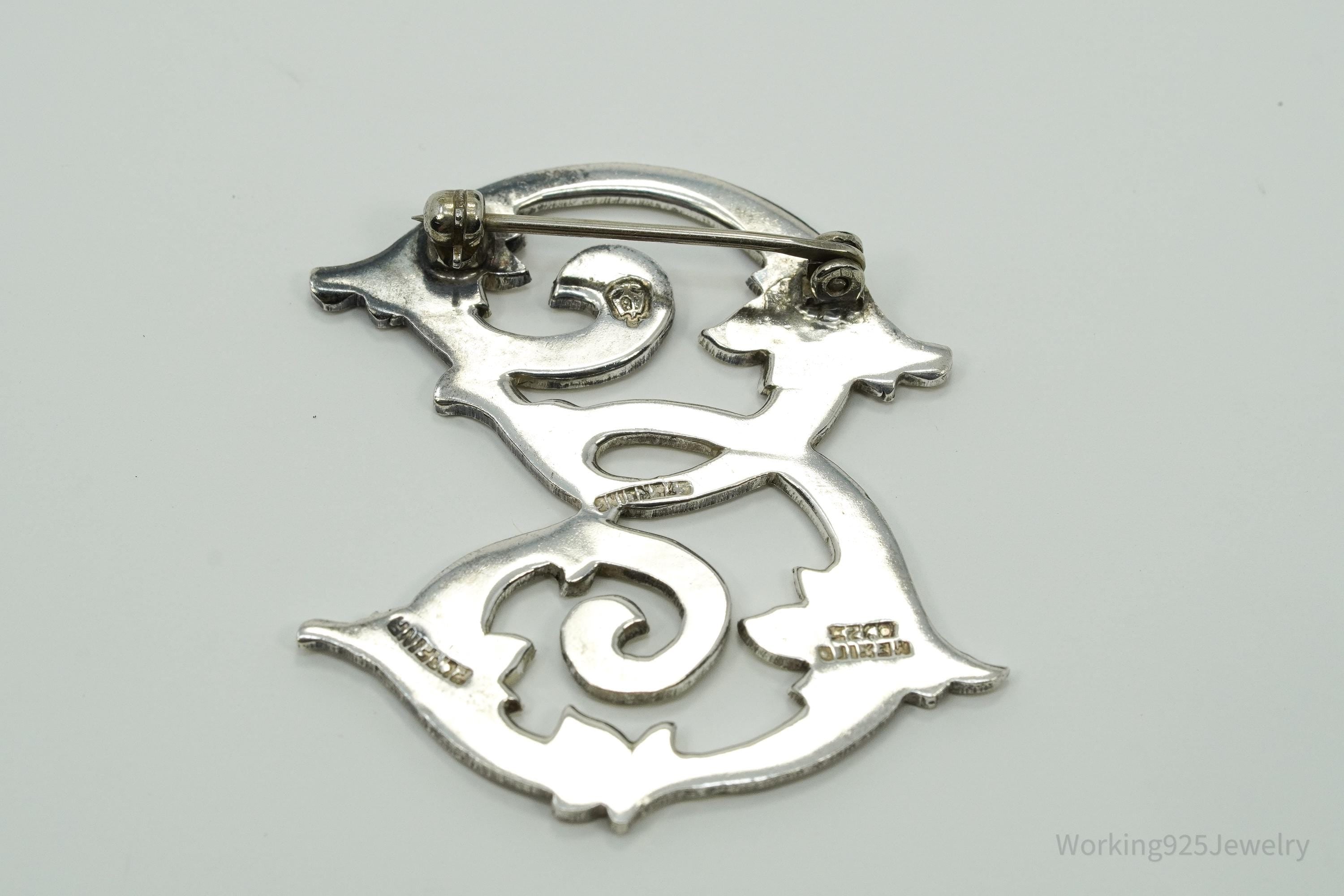 Large Vintage Mexico "E" Sterling Silver Brooch Pin