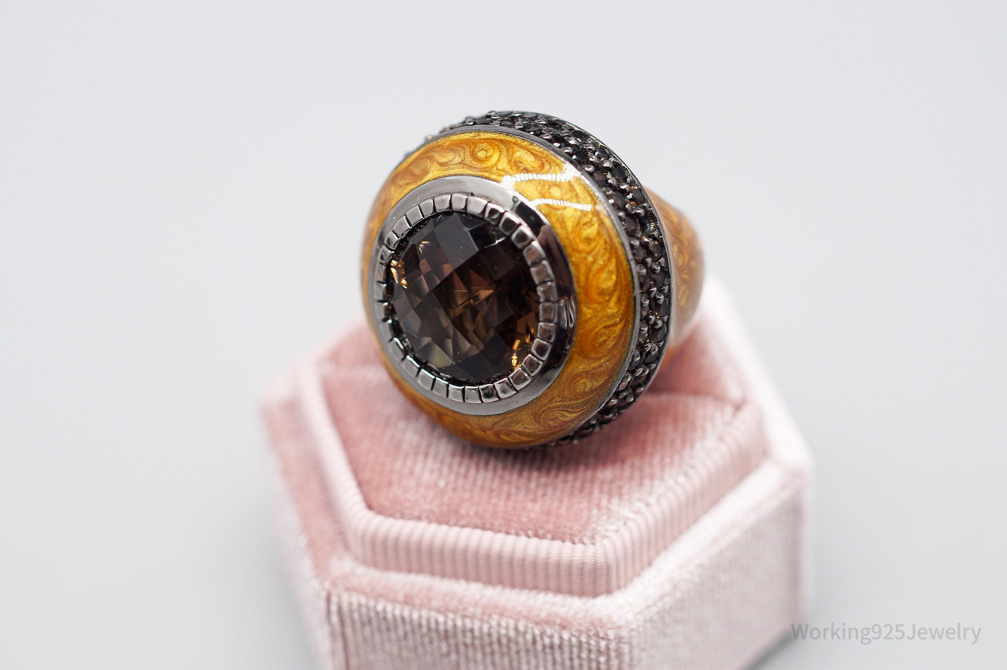 Vintage Large Smoky Topaz & Enamel Sterling Silver Ring - Size 5.75