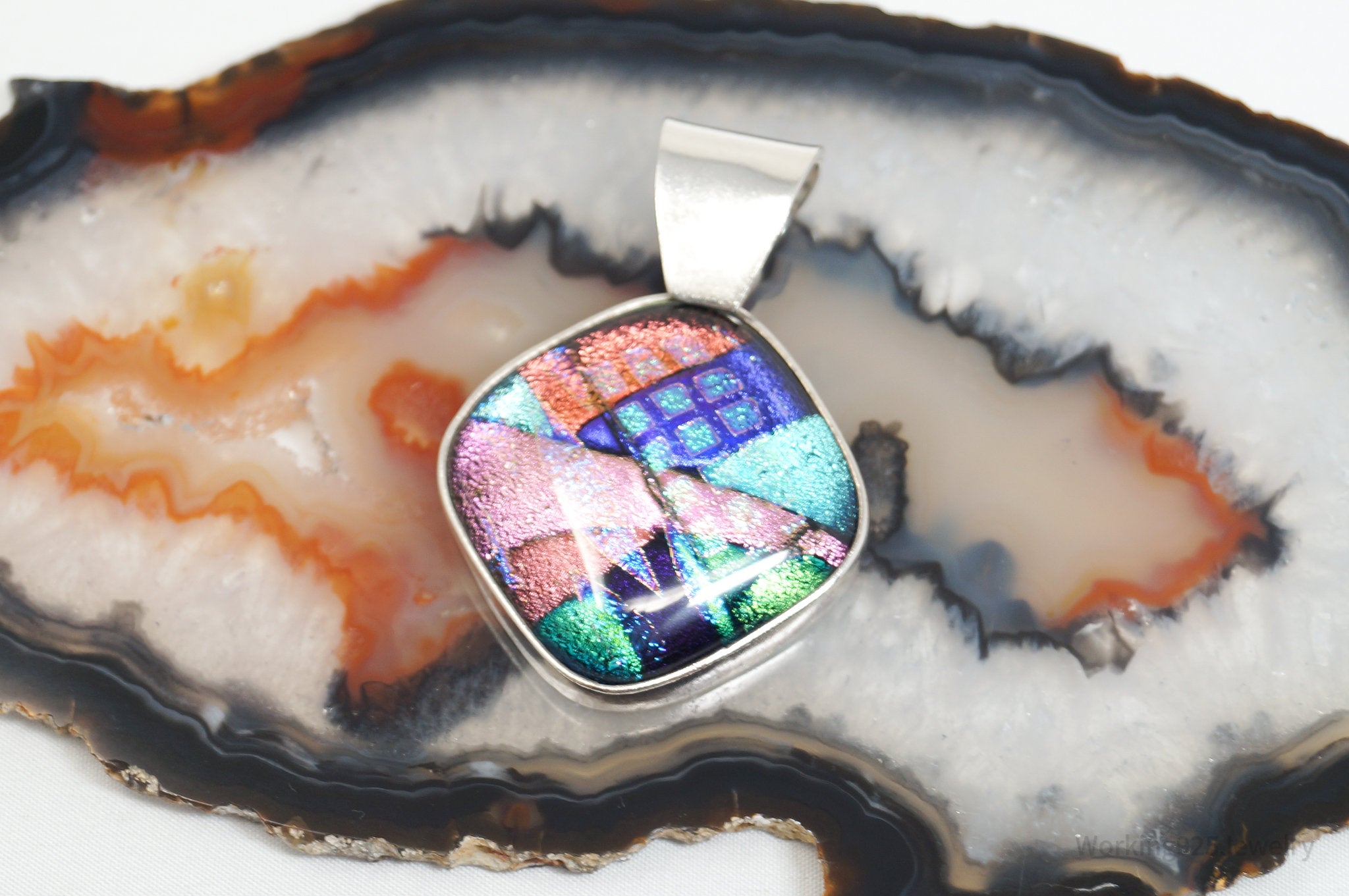 Vintage Large Dichroic Glass Sterling Silver Necklace Pendant