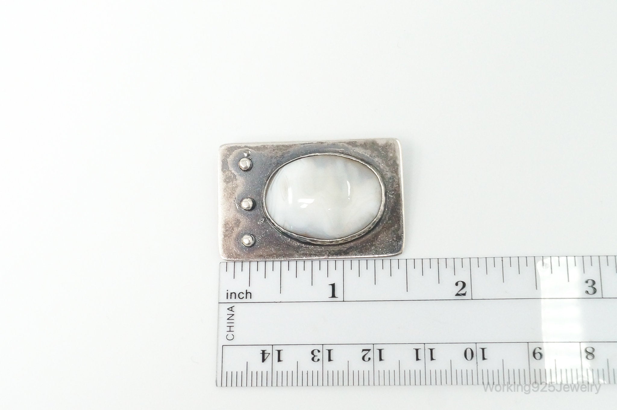 Vintage Modernist Large White Agate Sterling Silver Pin Brooch