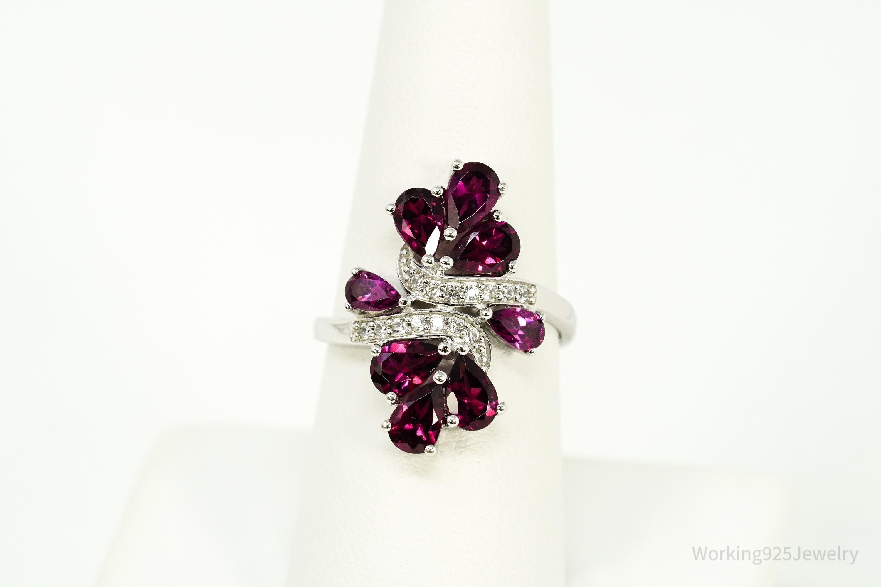 Rhodolite Garnet & White Zircon Sterling Silver Ring - Size 8.25