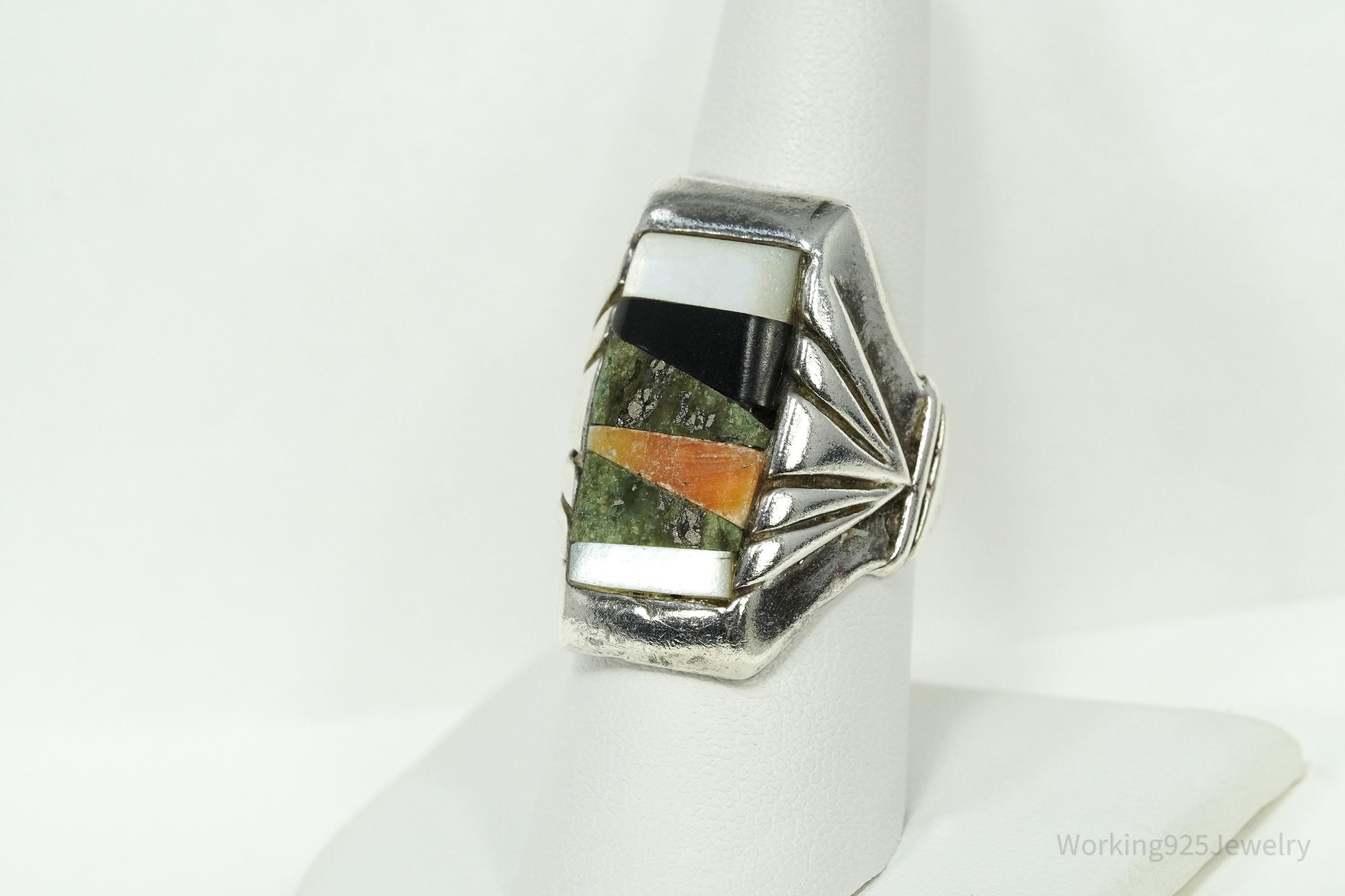 Vintage Handmade Native American Multi Gem Inlay Silver Ring - Size 8.5