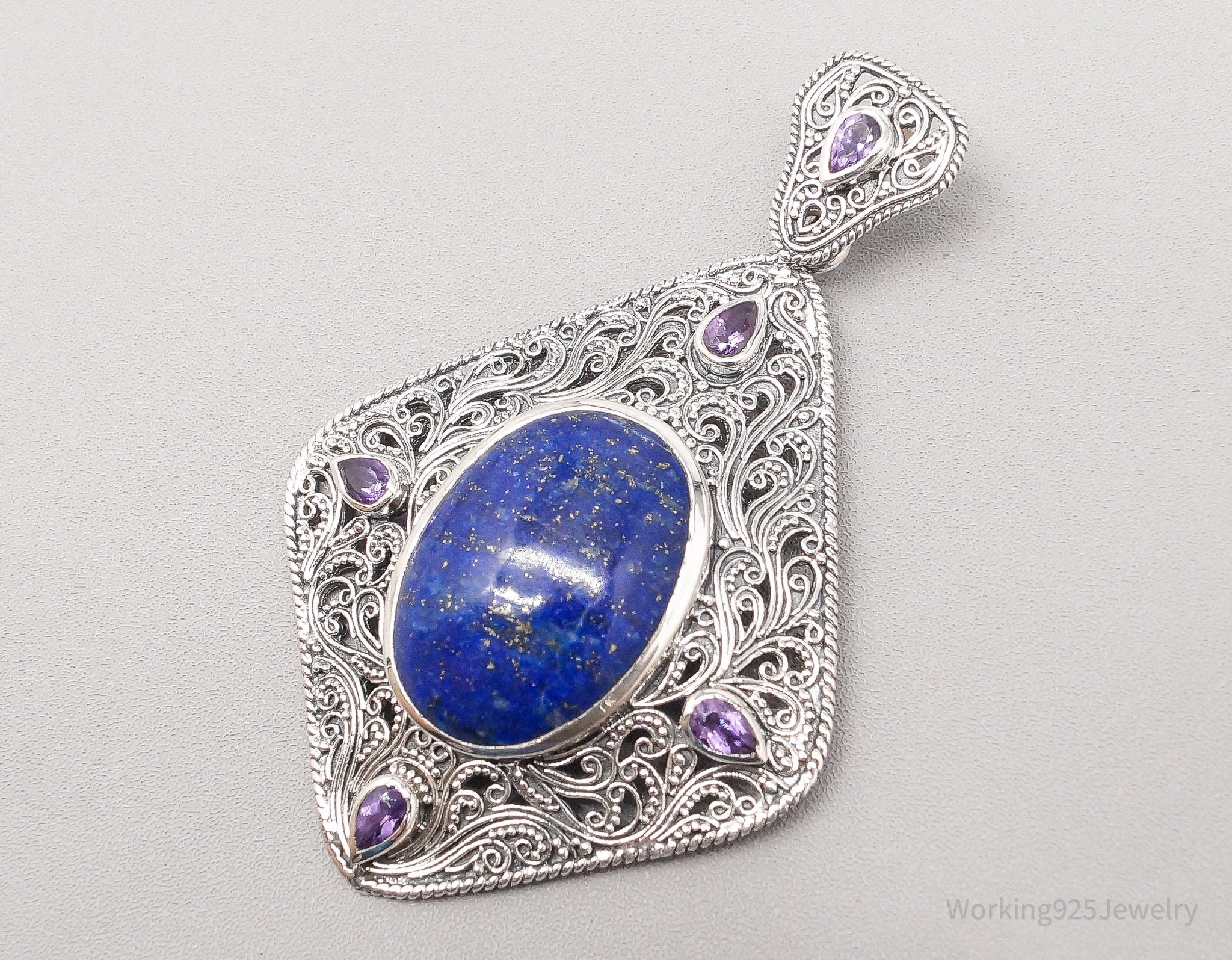 Vintage TGGC Large Lapis Lazuli Amethyst Filigree Sterling Silver Pendant