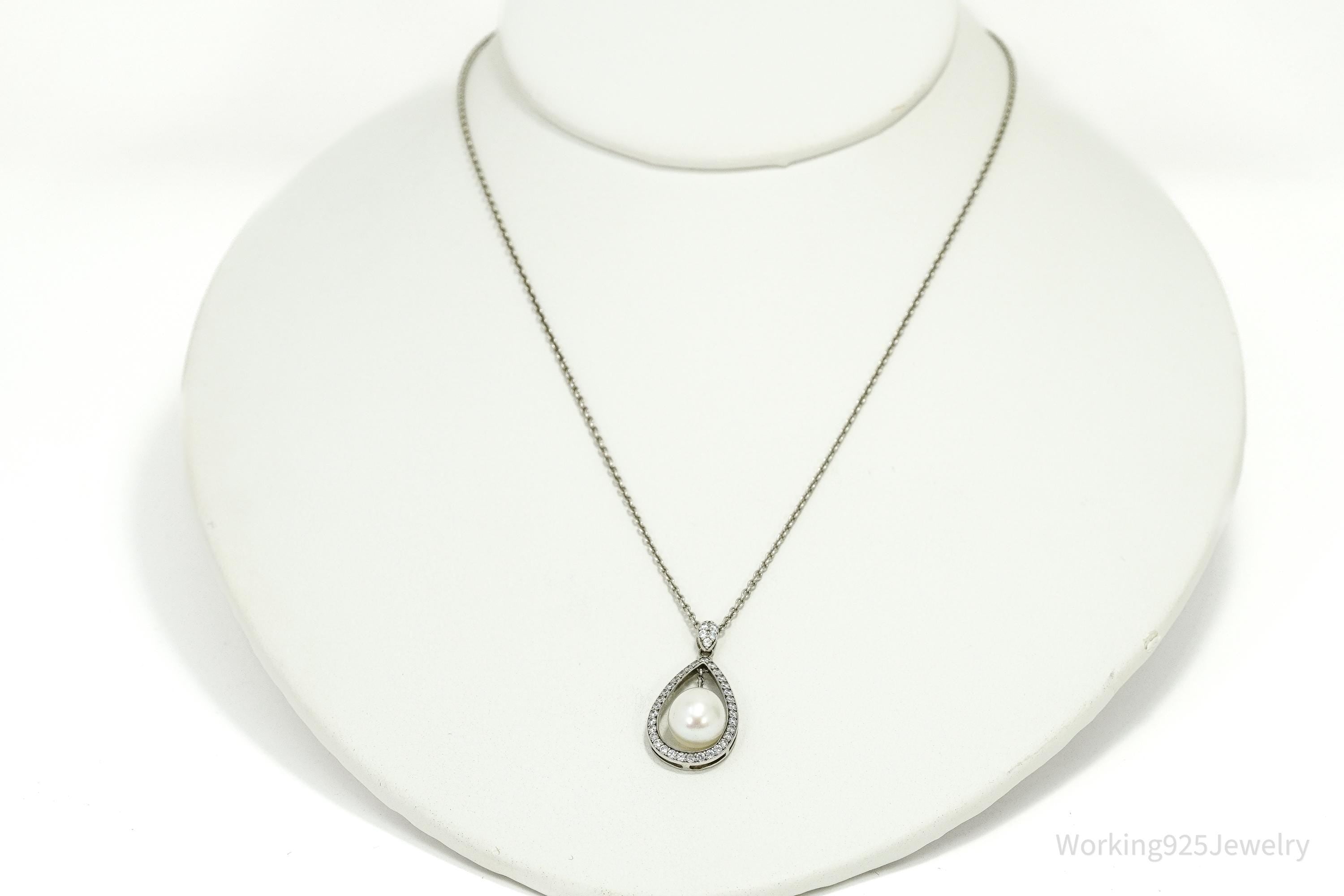Vintage Pearl & Cubic Zirconia Sterling Silver Necklace 17"
