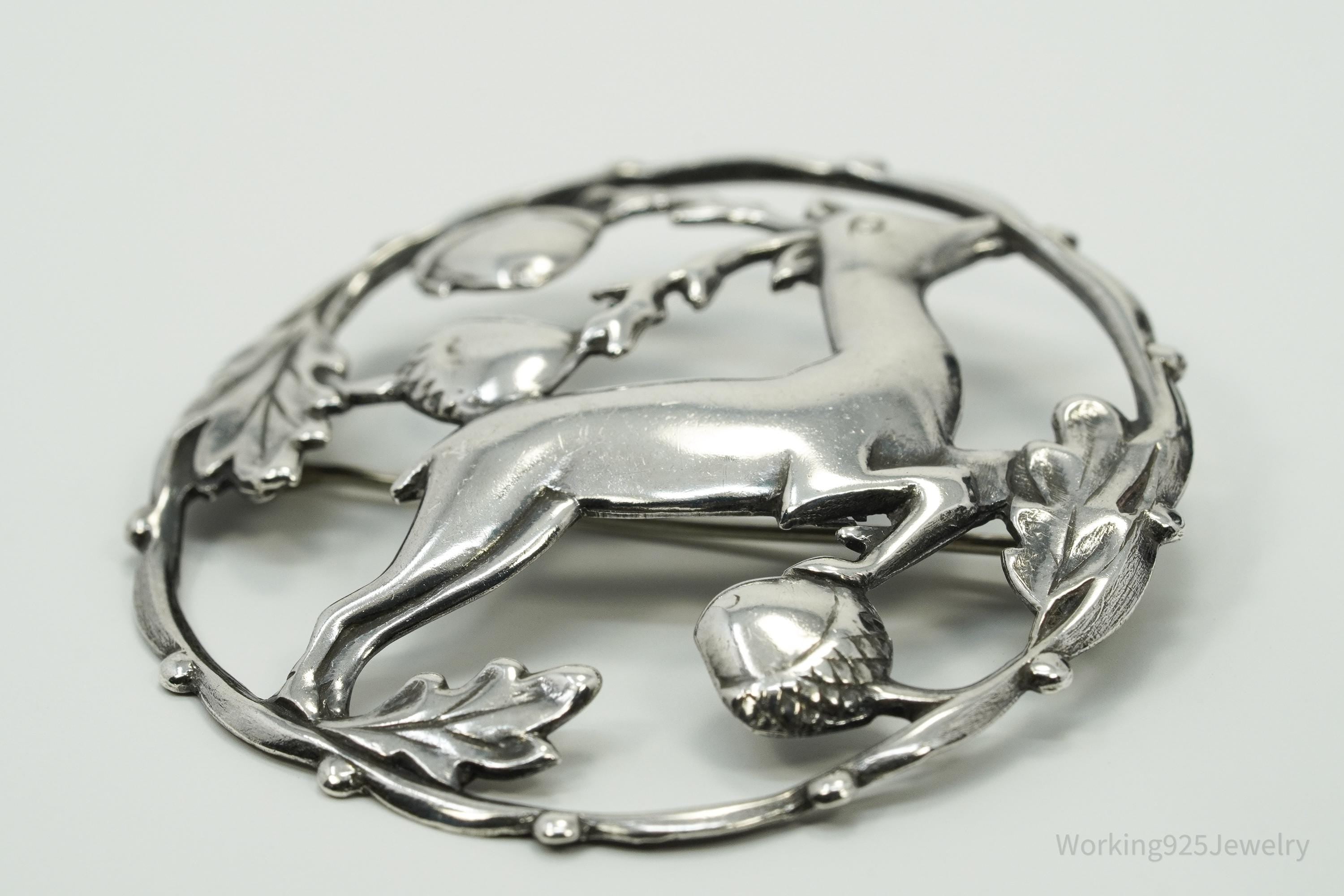 Large Antique Deer & Acorns Sterling Silver Brooch Pin