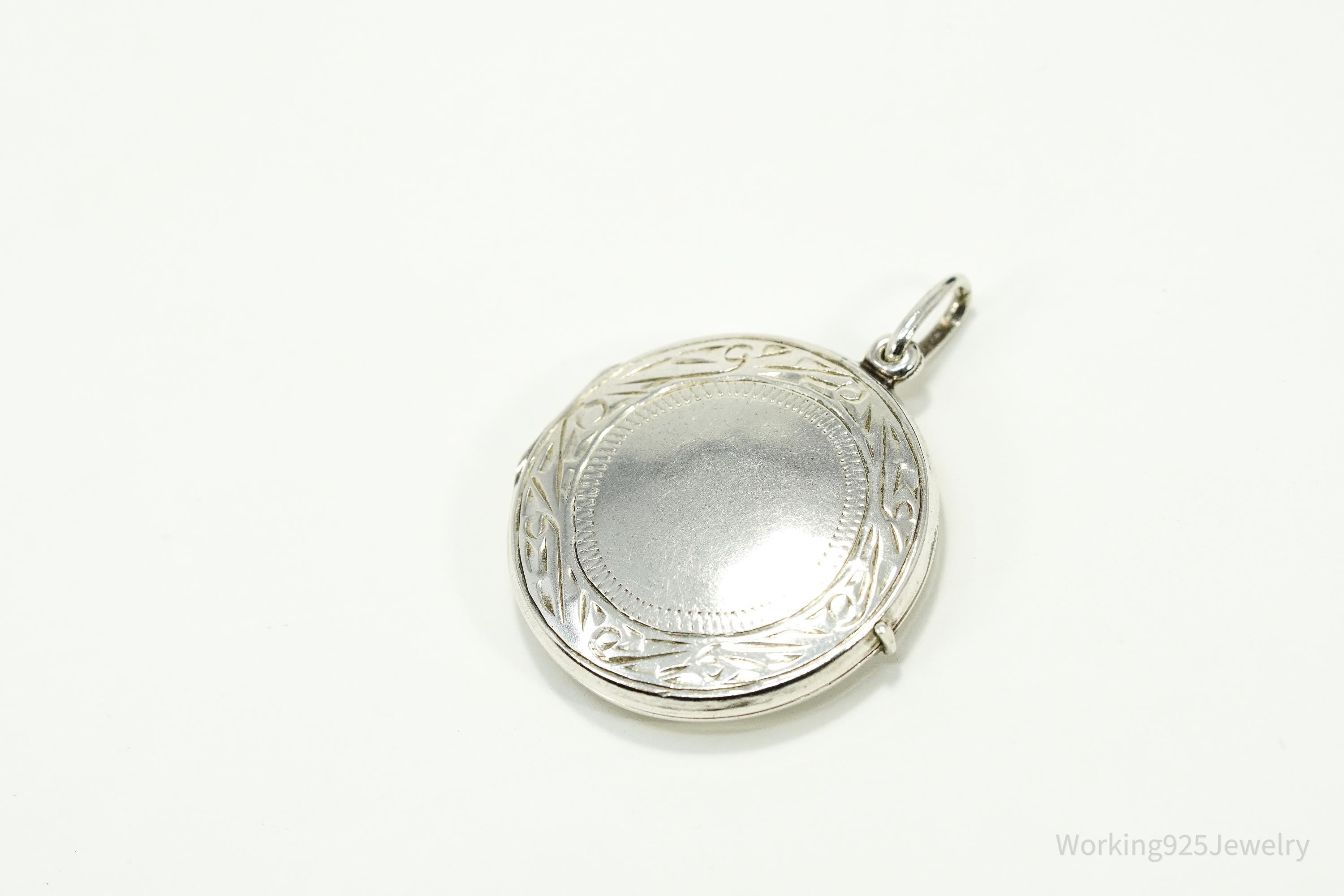 Vintage Round Etched Sterling Silver Locket Pendant