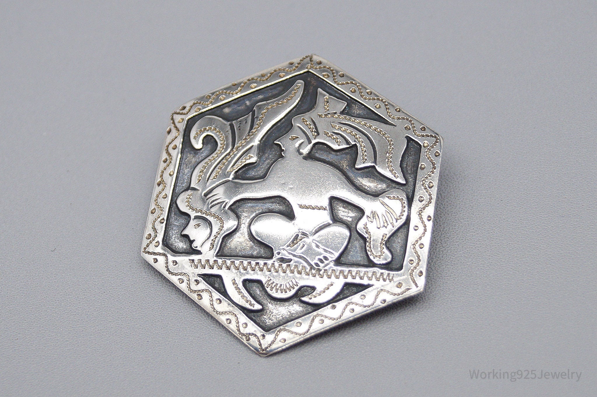 Large Vintage Guatemala Tribe Silver Brooch Pin