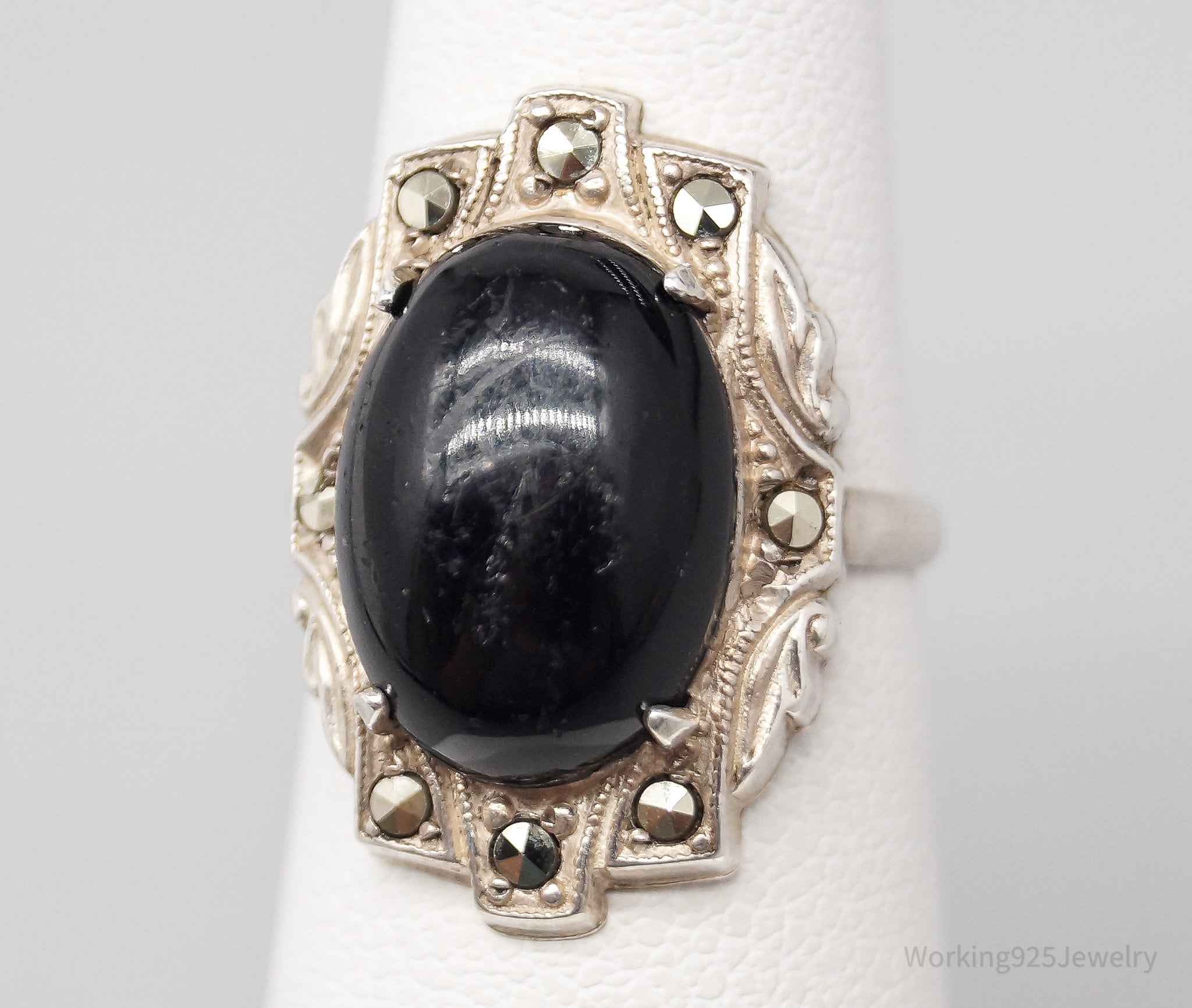 Antique Art Deco Black Onyx Marcasite Sterling Silver Ring - Size 5