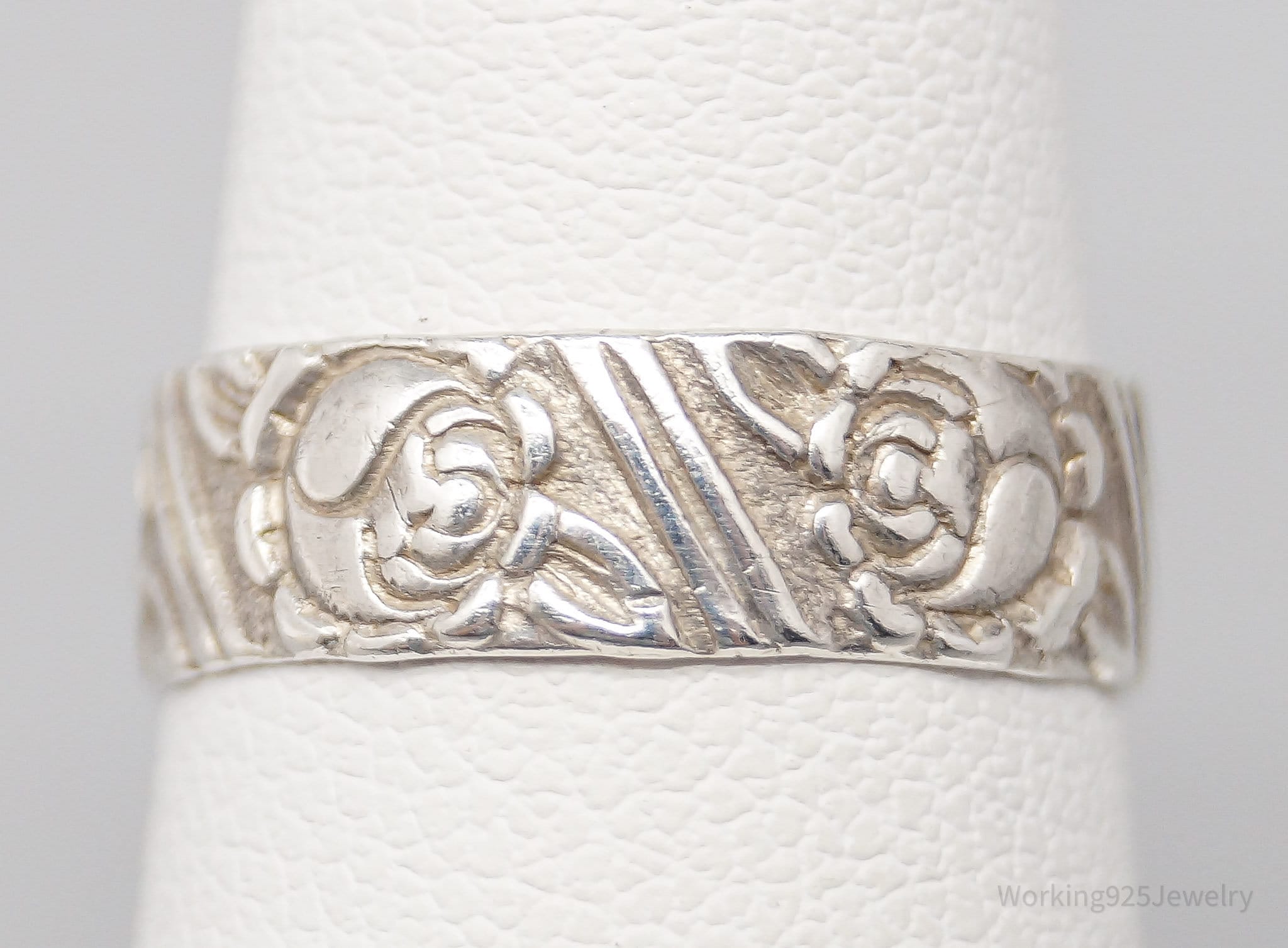 Antique Flowers Pattern Sterling Silver Band Ring - Size 5