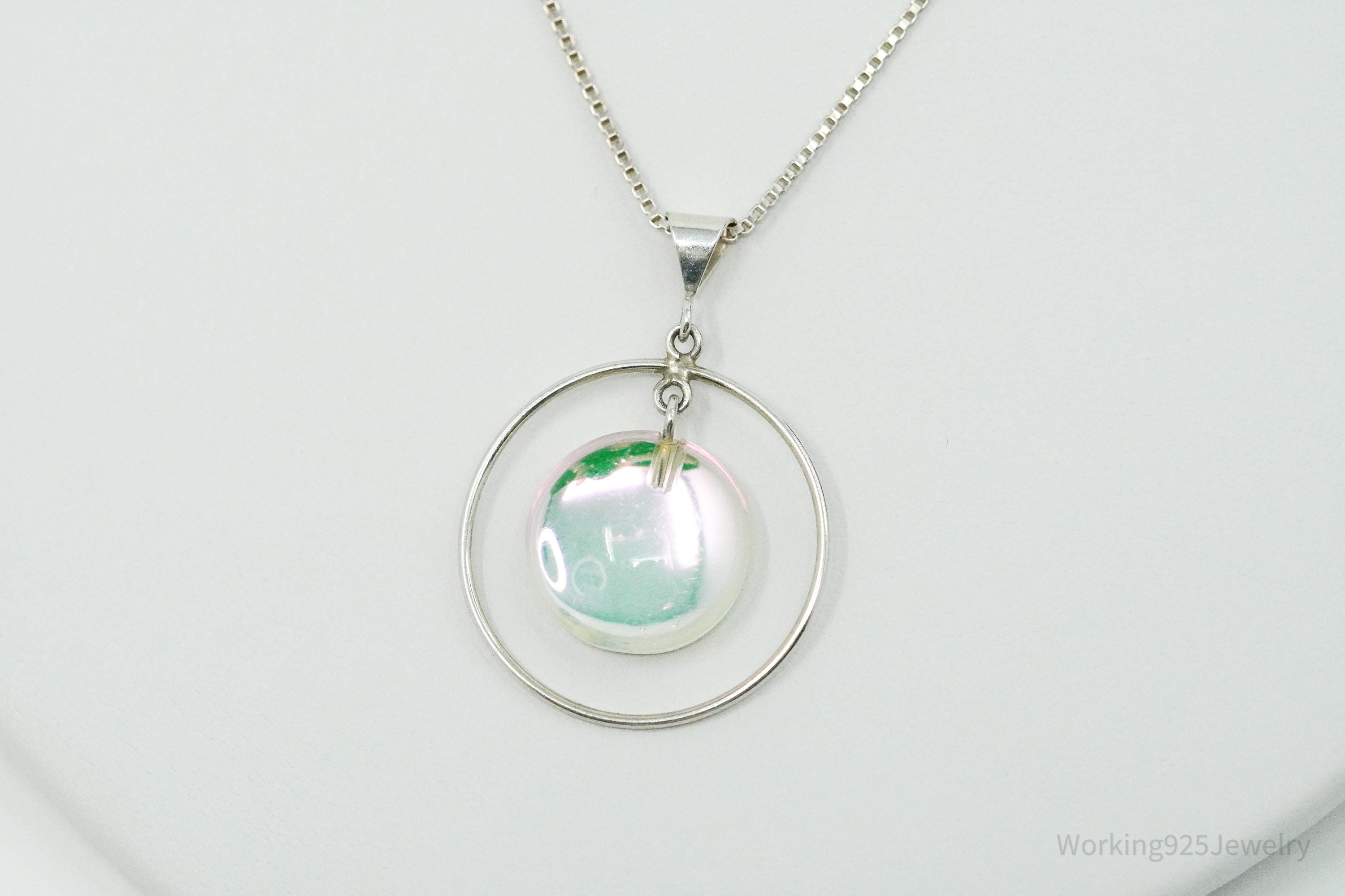 Vintage Rainbow Glass Sterling Silver Necklace 20"
