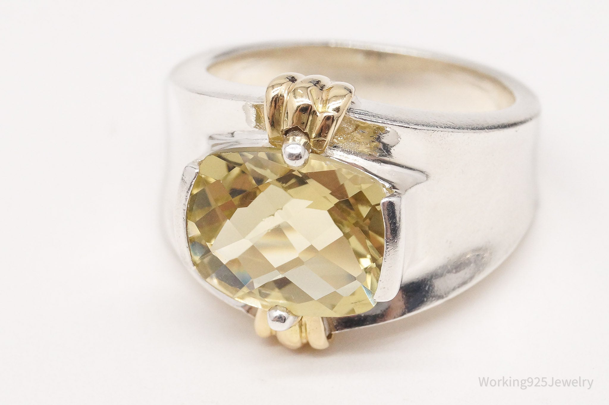 Vintage Large Lemon Quartz Gold Vermeil Sterling Silver Ring - Size 8.75