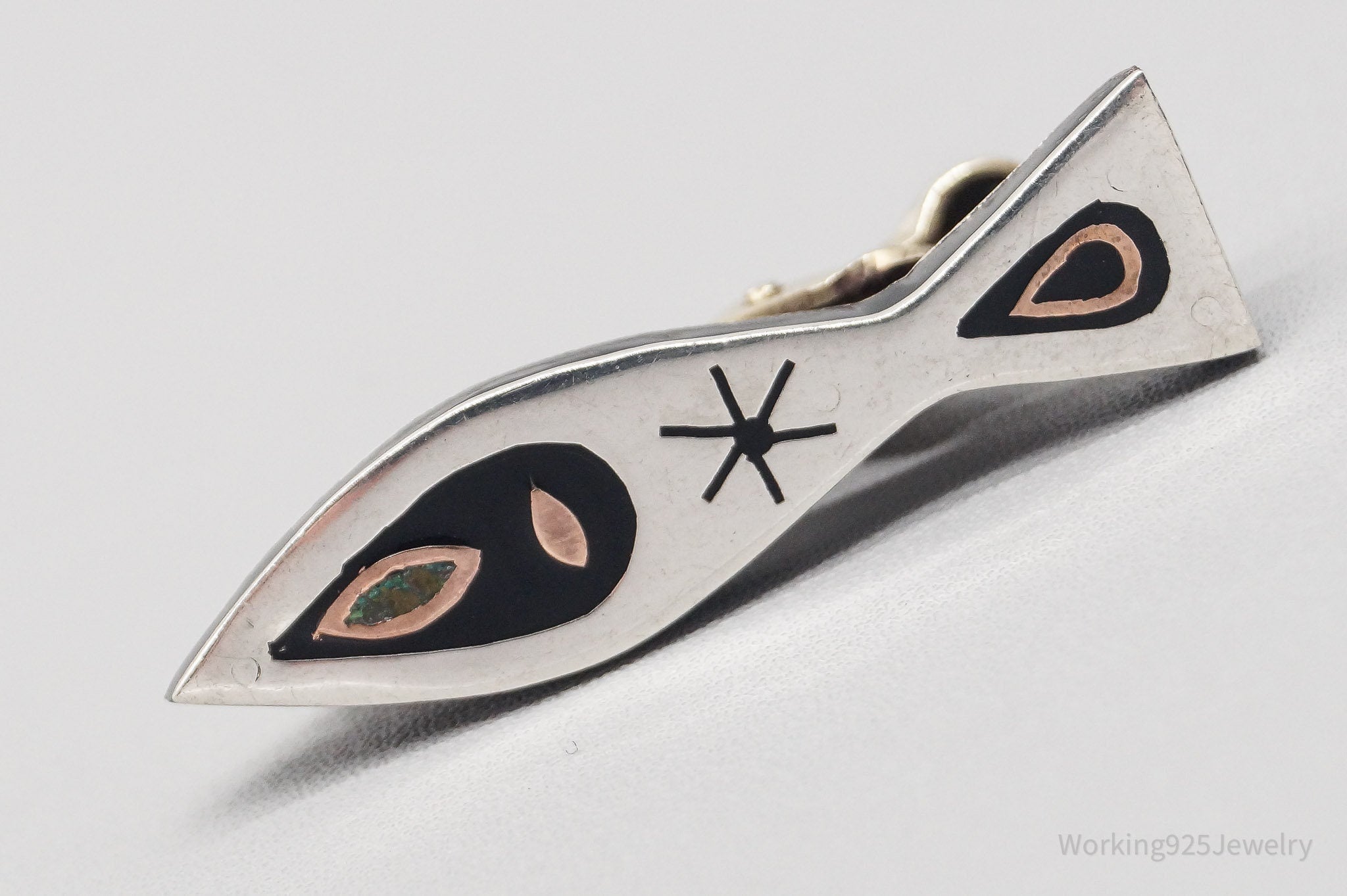 Vintage Mexico Modernist Fish Copper Sterling Silver Tie Bar Clip Pin