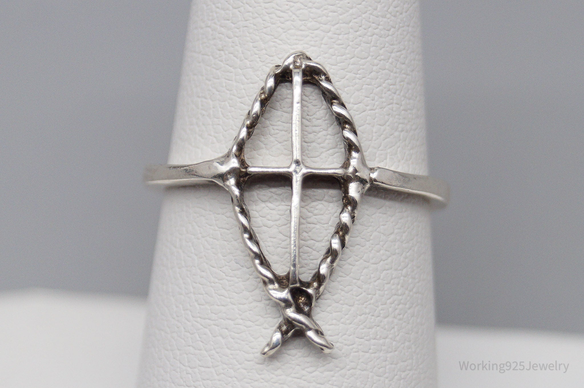 Vintage Ichthus Fish Cross Sterling Silver Ring - Size 7.25