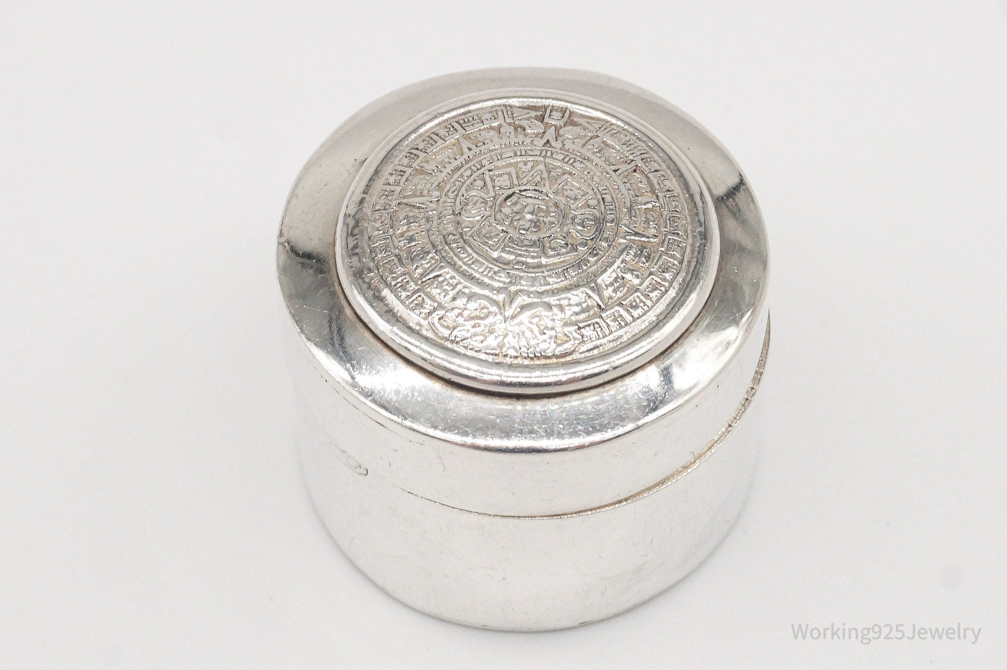 Vintage Mexico Mayan Calendar Sterling Silver Pill Box Trinket Box