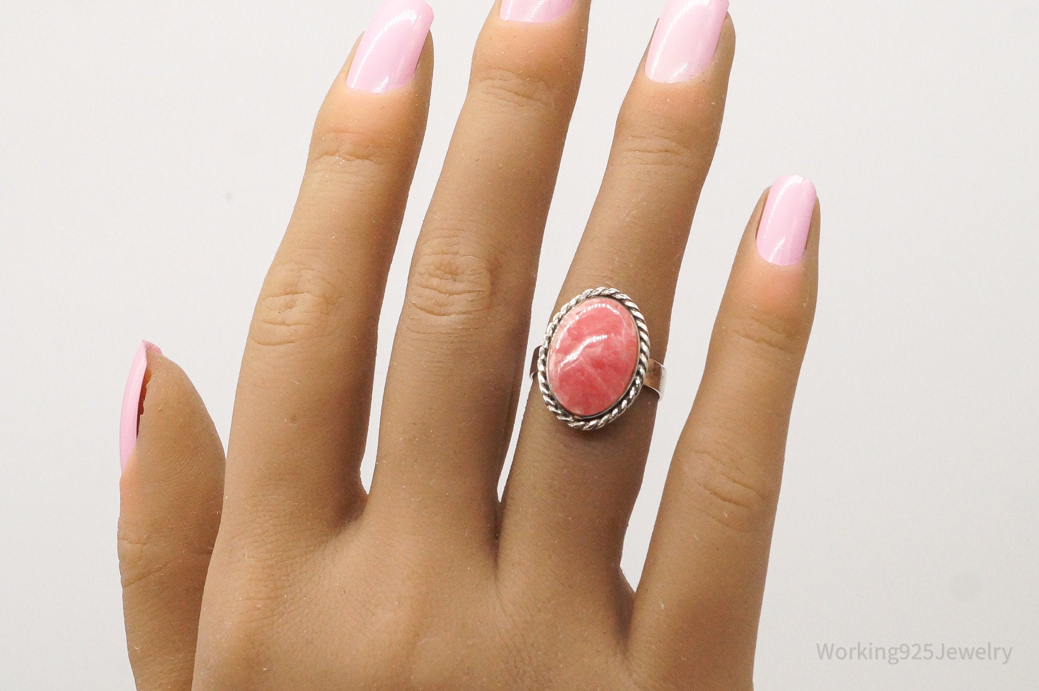 Vintage Pink Rhodochrosite 980 Silver Ring - Size 6.25