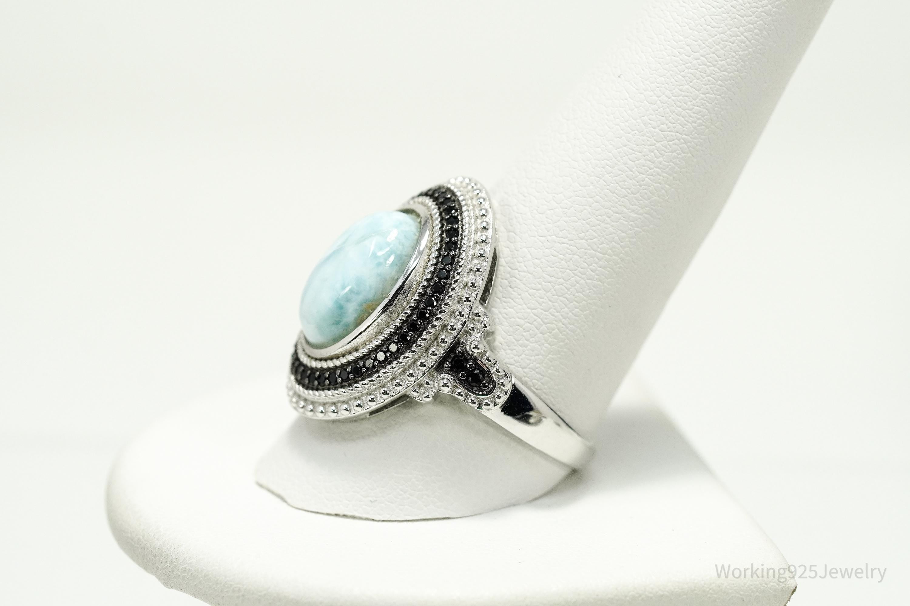 Vintage Blue Larimar & Black Spinel Sterling Silver Ring - Size 11