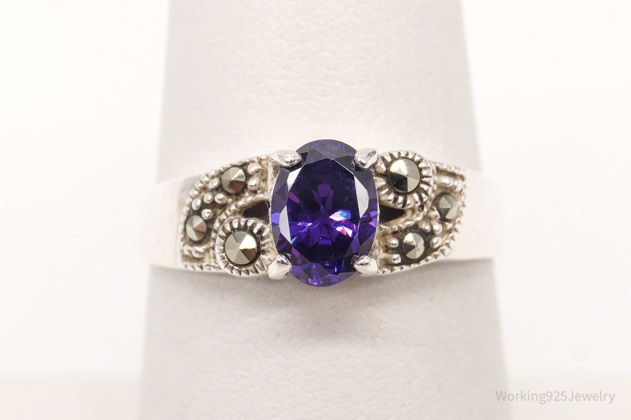 Vintage Purple Cubic Zirconia Marcasite Sterling Silver Ring - Size 6.75