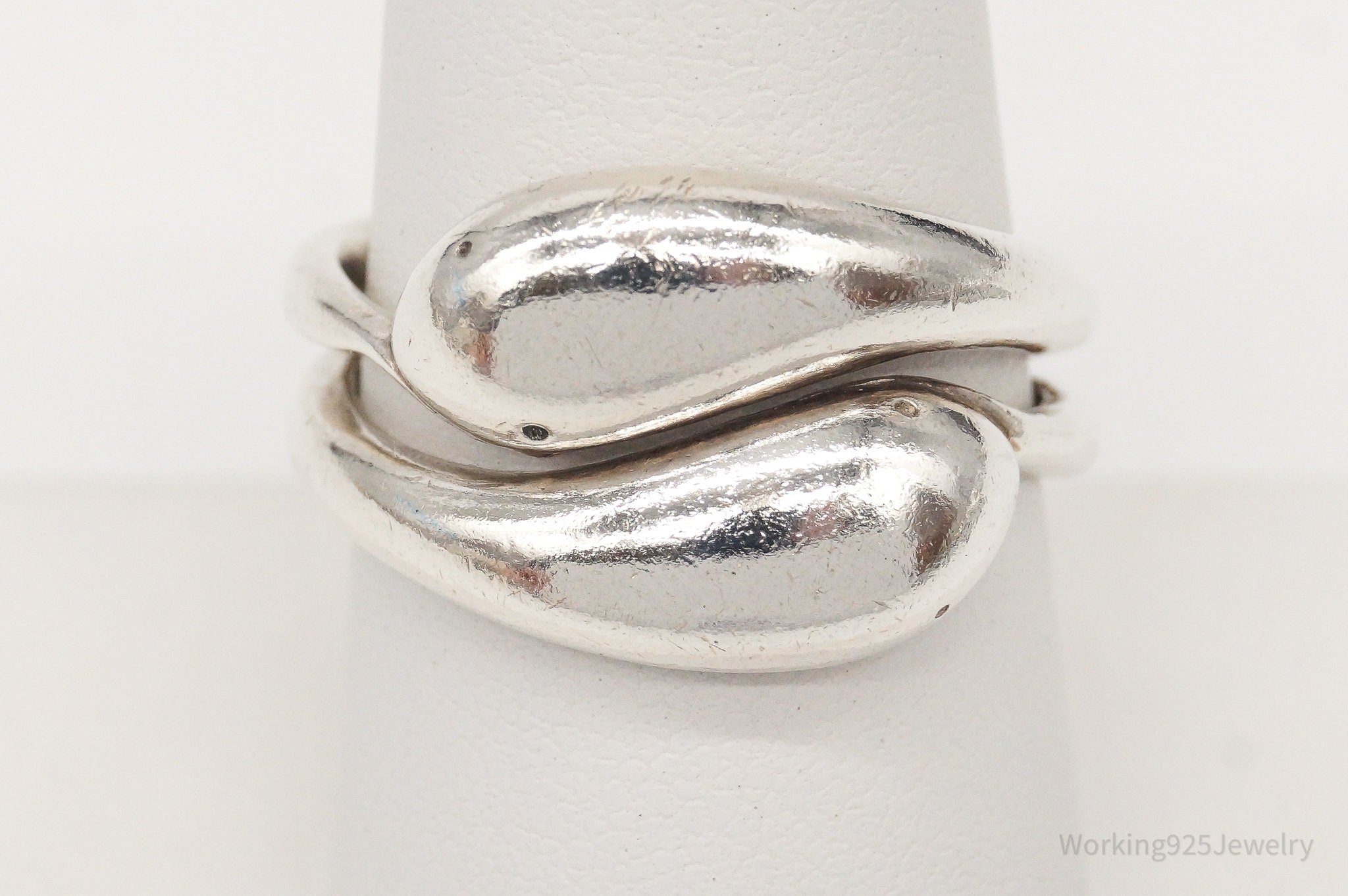 Vintage Modernist Snake Heads Sterling Silver Ring - Size 7.75