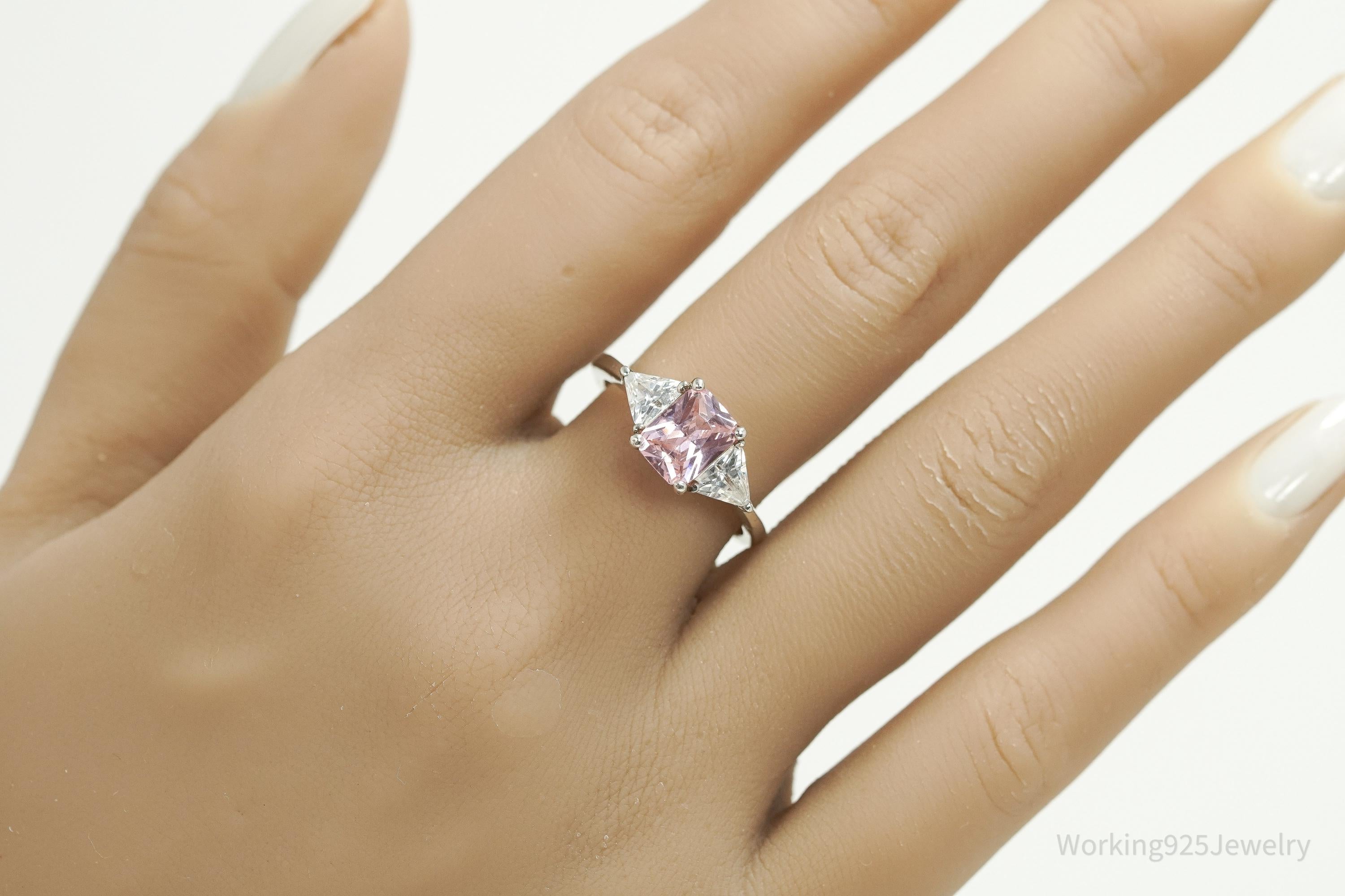 Vintage Pink & White Cubic Zirconia Sterling Silver Ring - Size 8.25