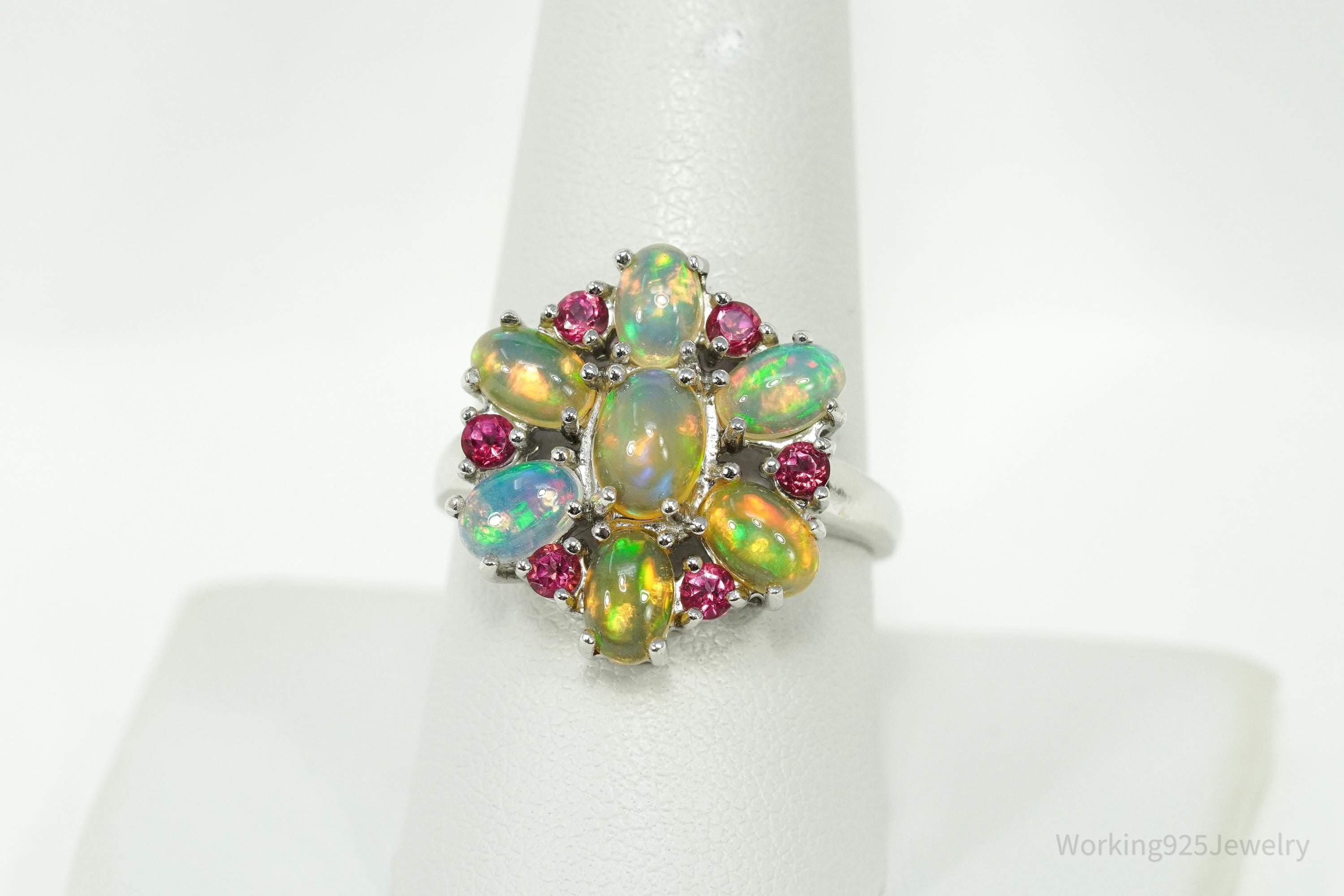 Vintage Opal & Pink Topaz Sterling Silver Ring - Size 9