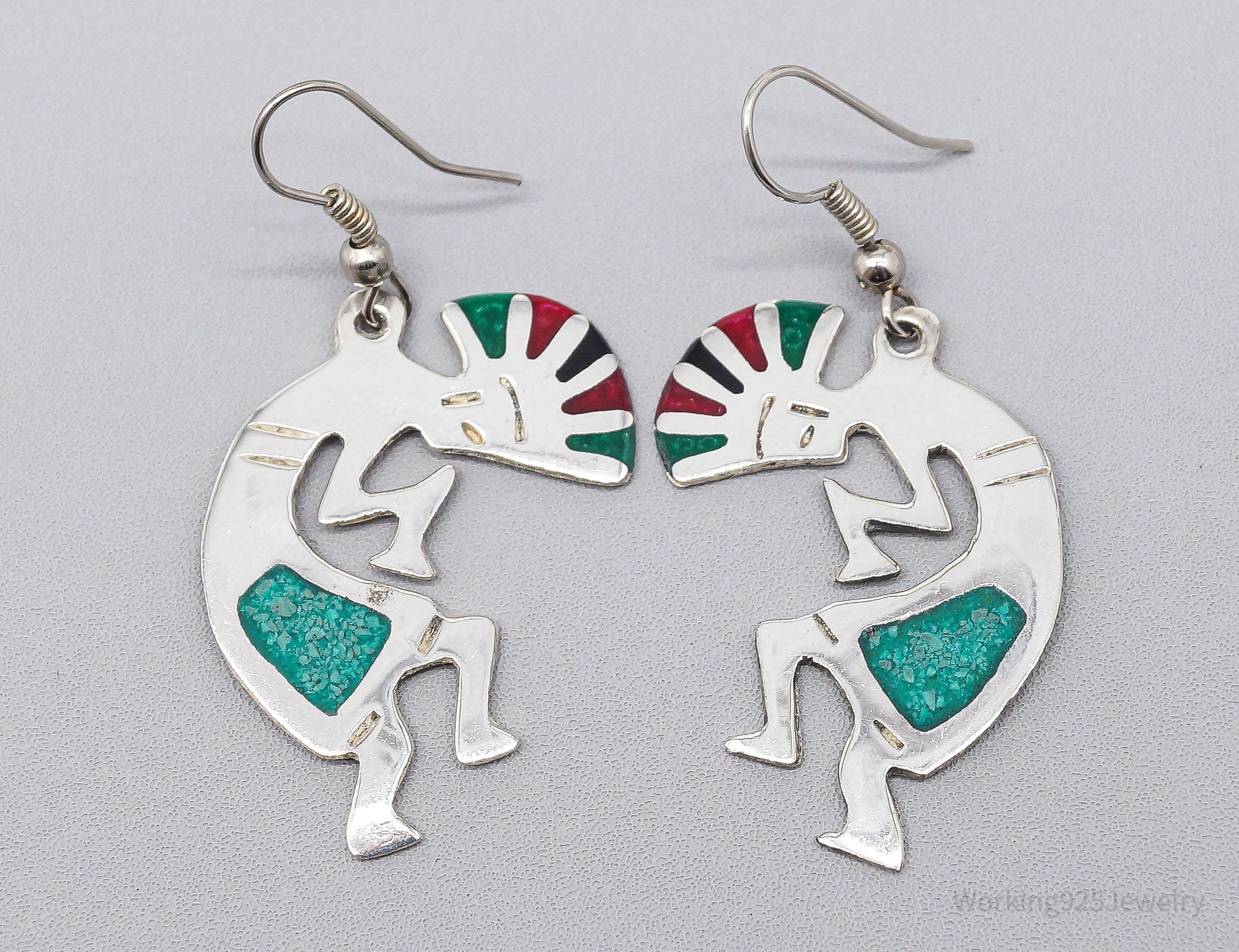 Large Vintage Native Dancing Kokopelli Inlay Sterling Silver Earrings