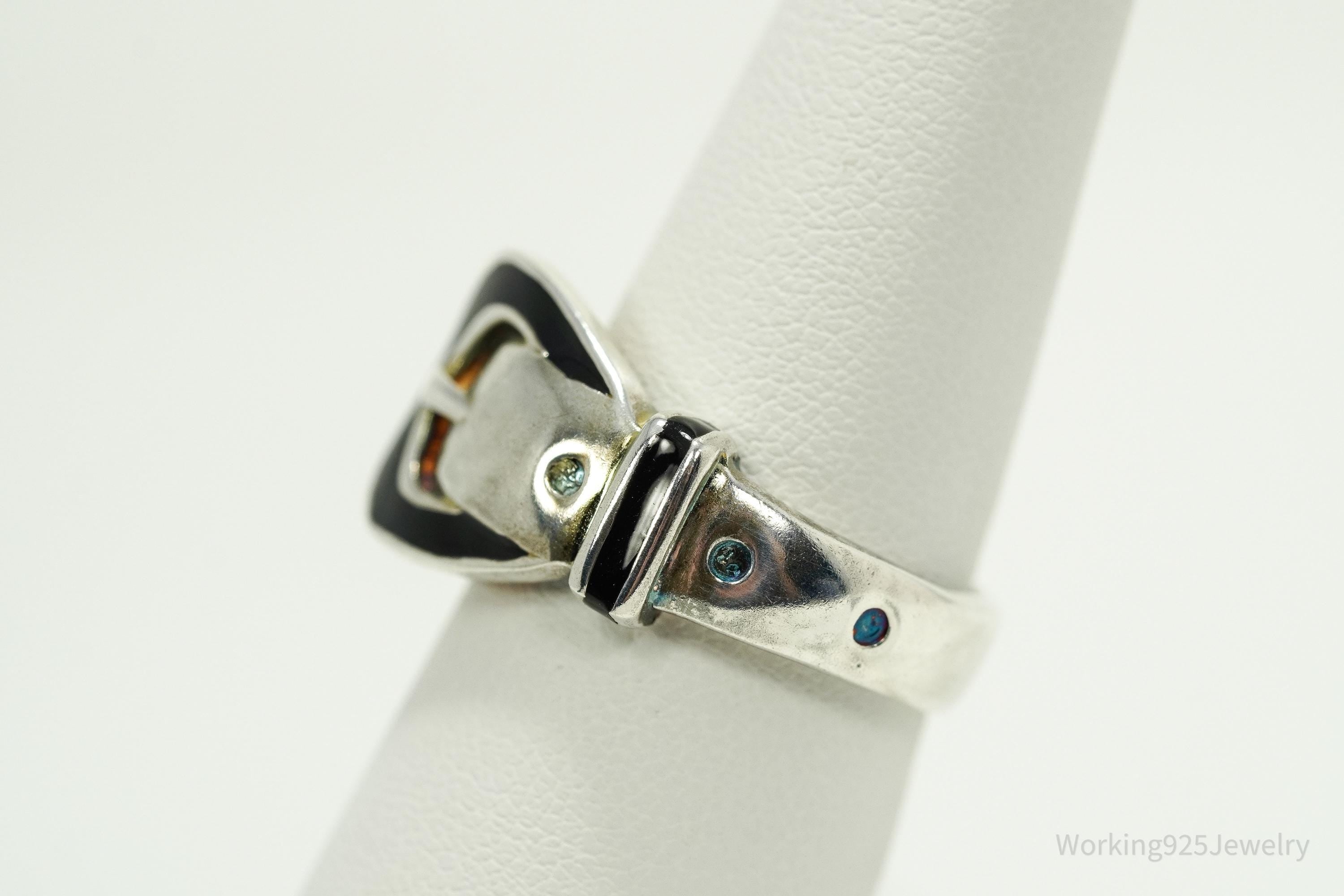 Vintage Belt Buckle Black Enamel Sterling Silver Ring - Size 7.25